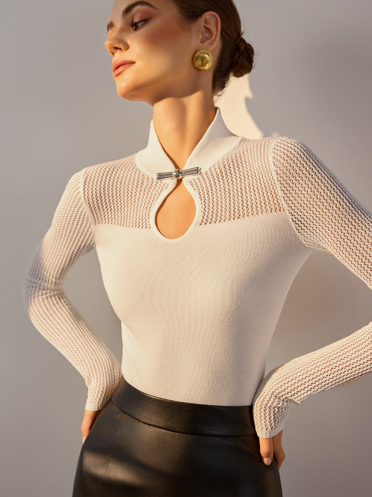 Keyhole Neckline Semi-Sheer Knit Top