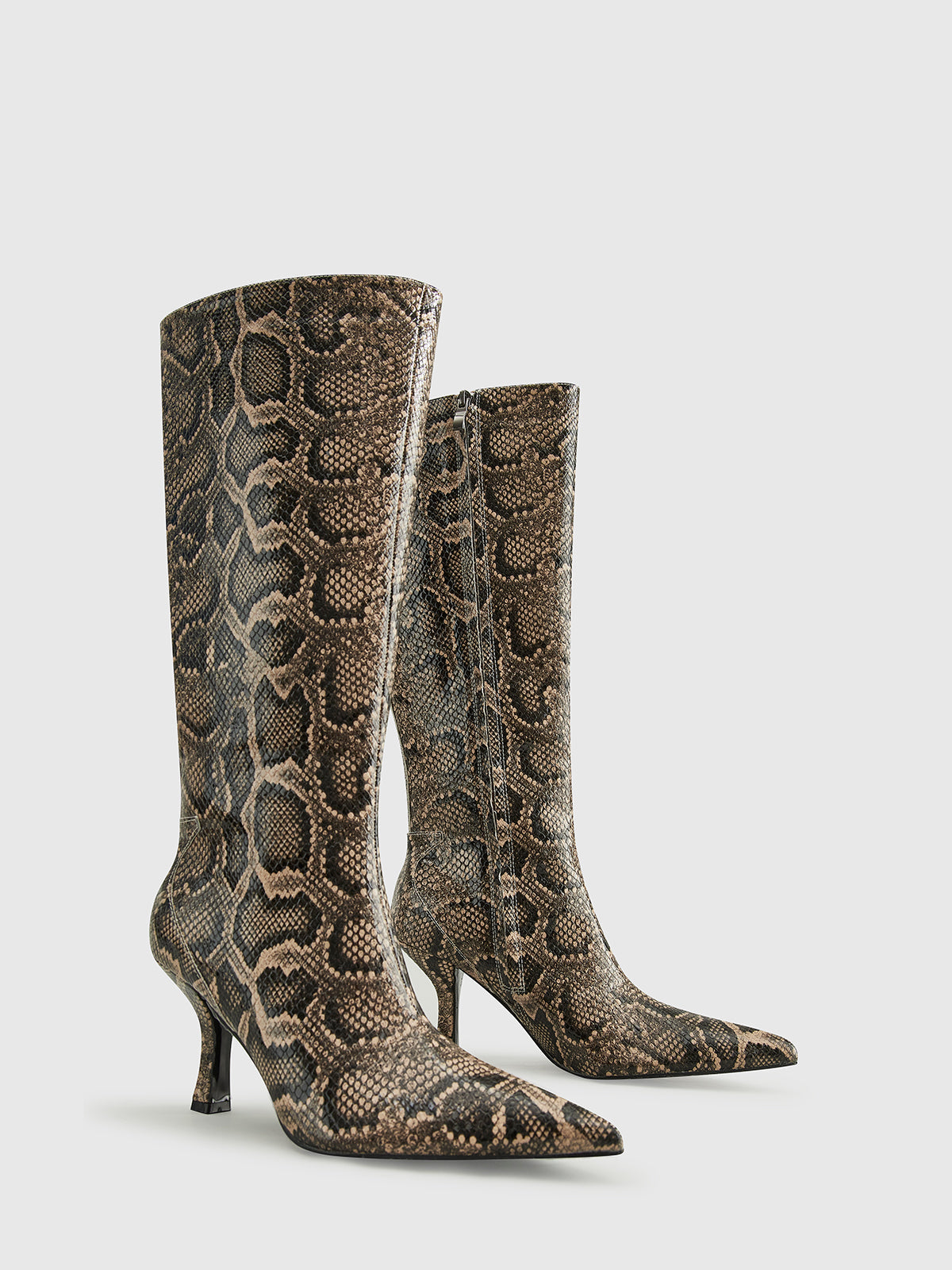 Snakeskin Print Knee-High Boots