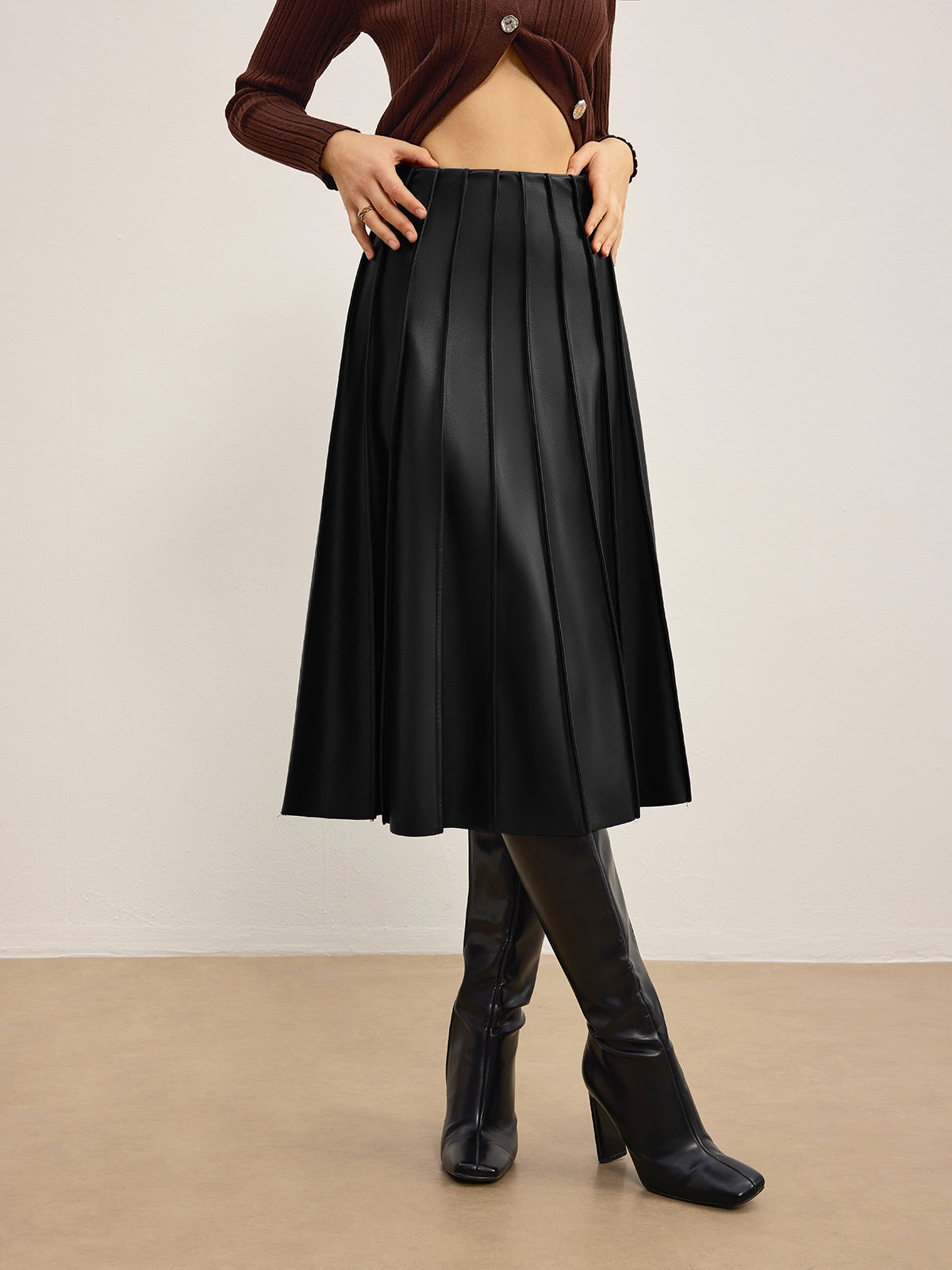 Faux Leather Pleated Midi Skirt