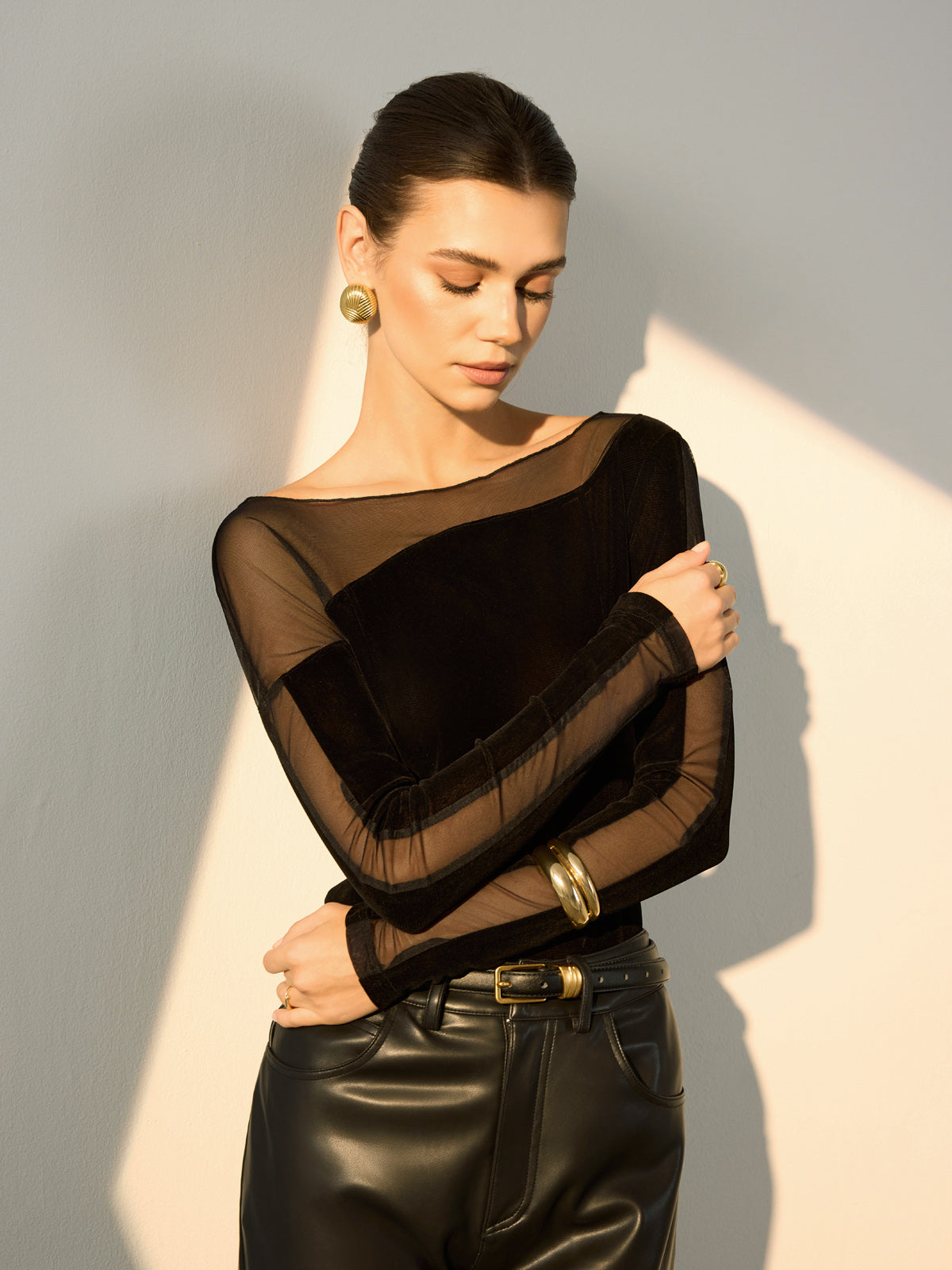 Straight Shoulder Sheer-Detail Slim T-Shirt