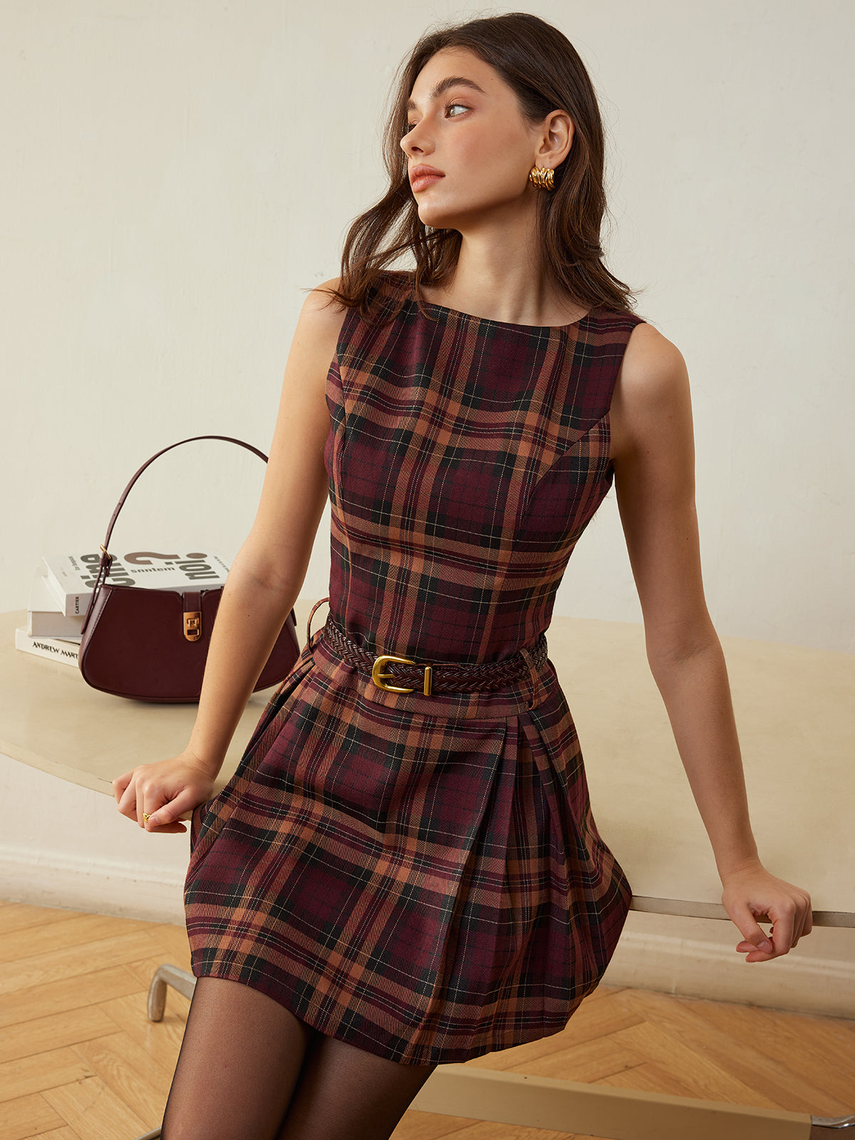 Checked Pleated Tank Dress Without Belt