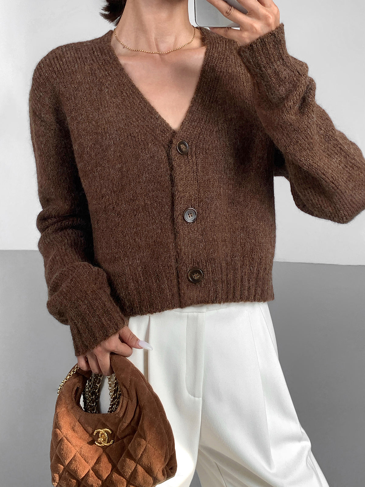 Wool-Blend V-Neck Short Cardigan