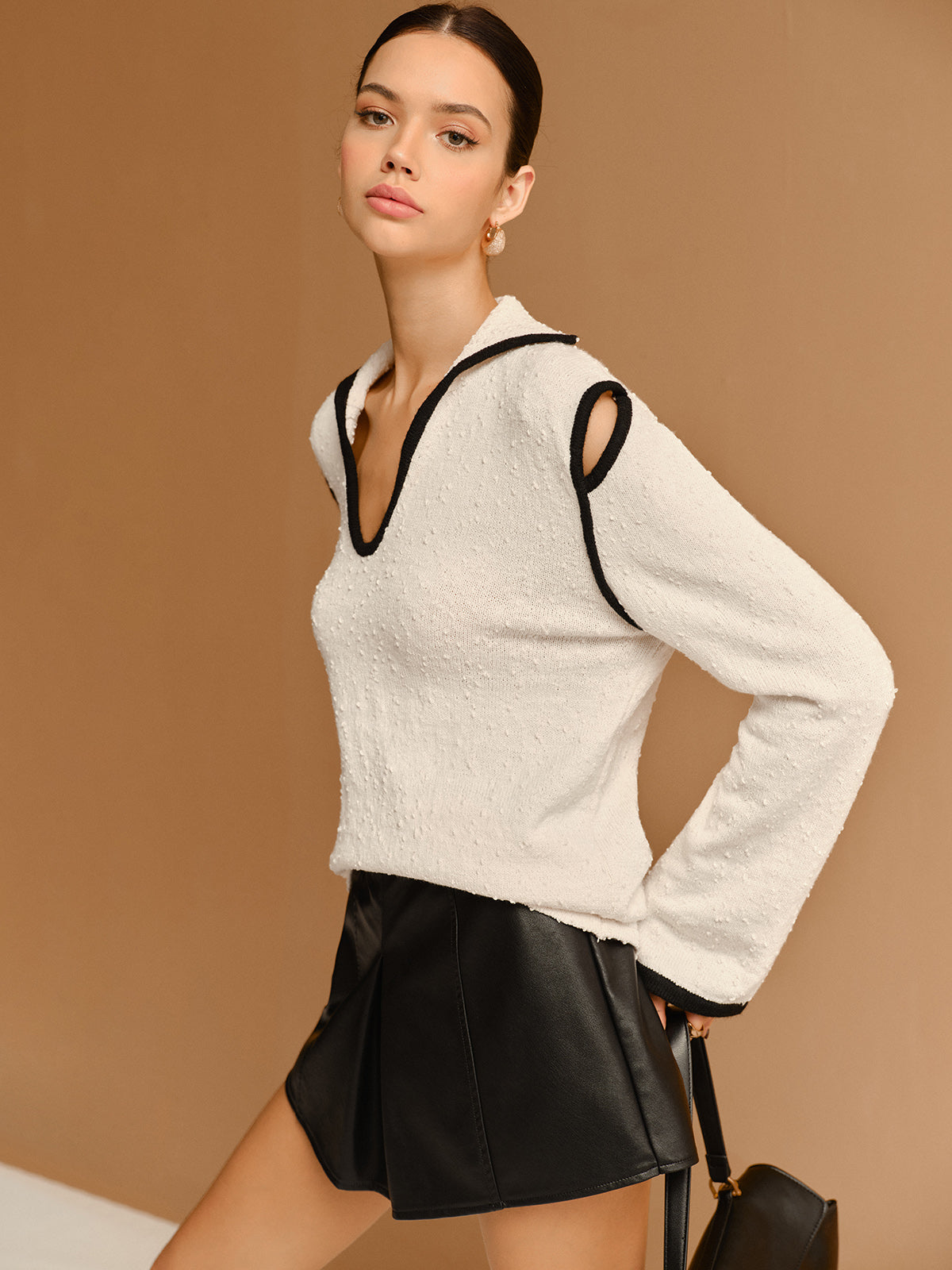 Contrast Trim Cutout Lapel Sweater