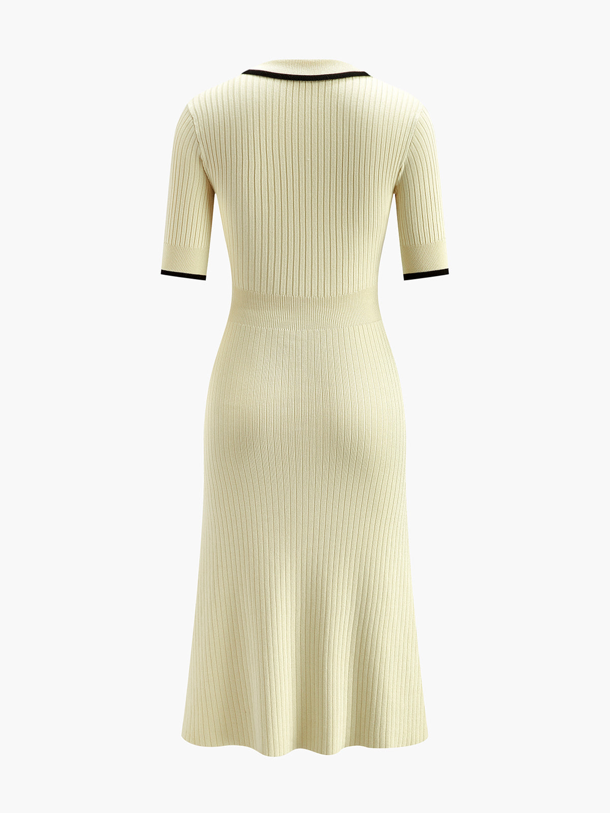 Contrast Trim Collared Rib Knit Short Sleeve Midi Dress