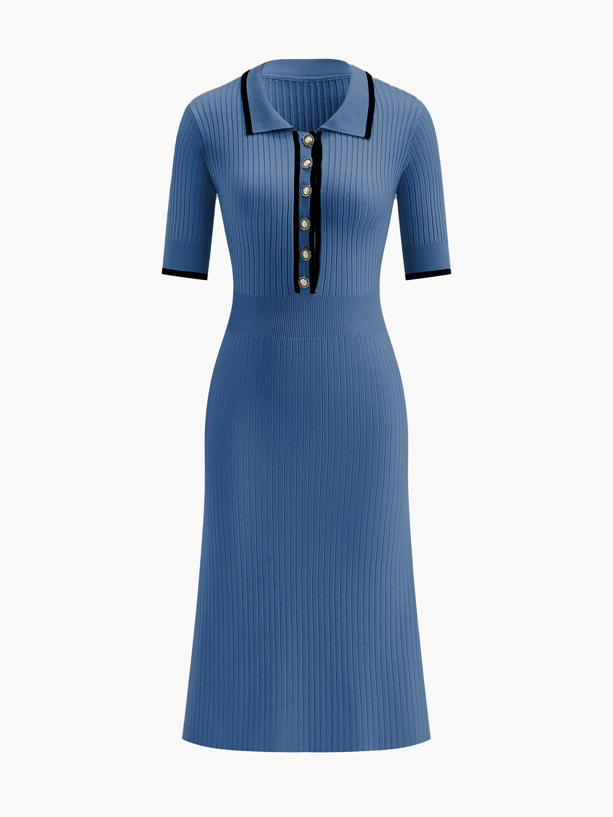 Contrast Trim Collared Rib Knit Short Sleeve Midi Dress