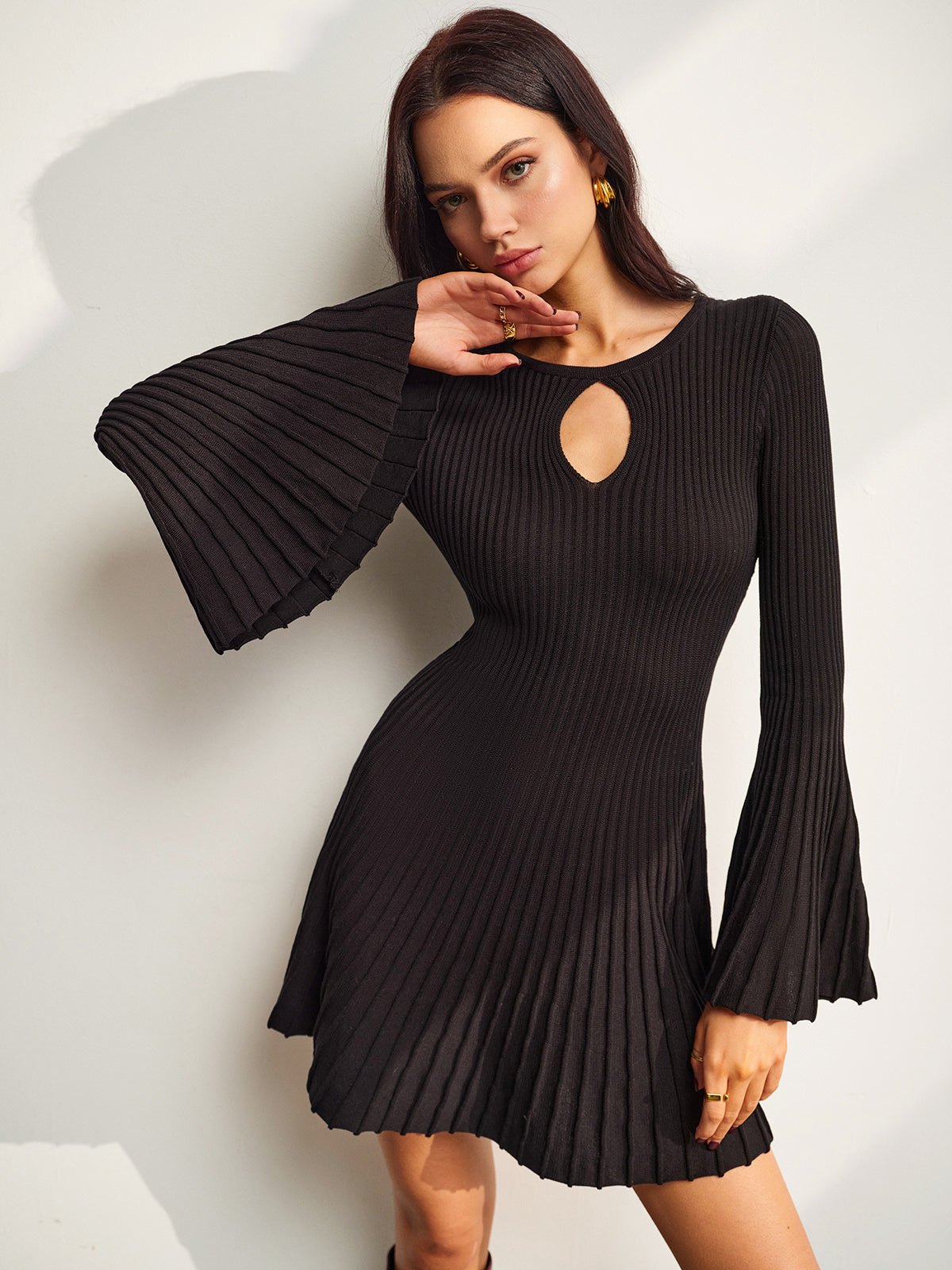 Keyhole Neckline Bell Sleeve Sweater Dress