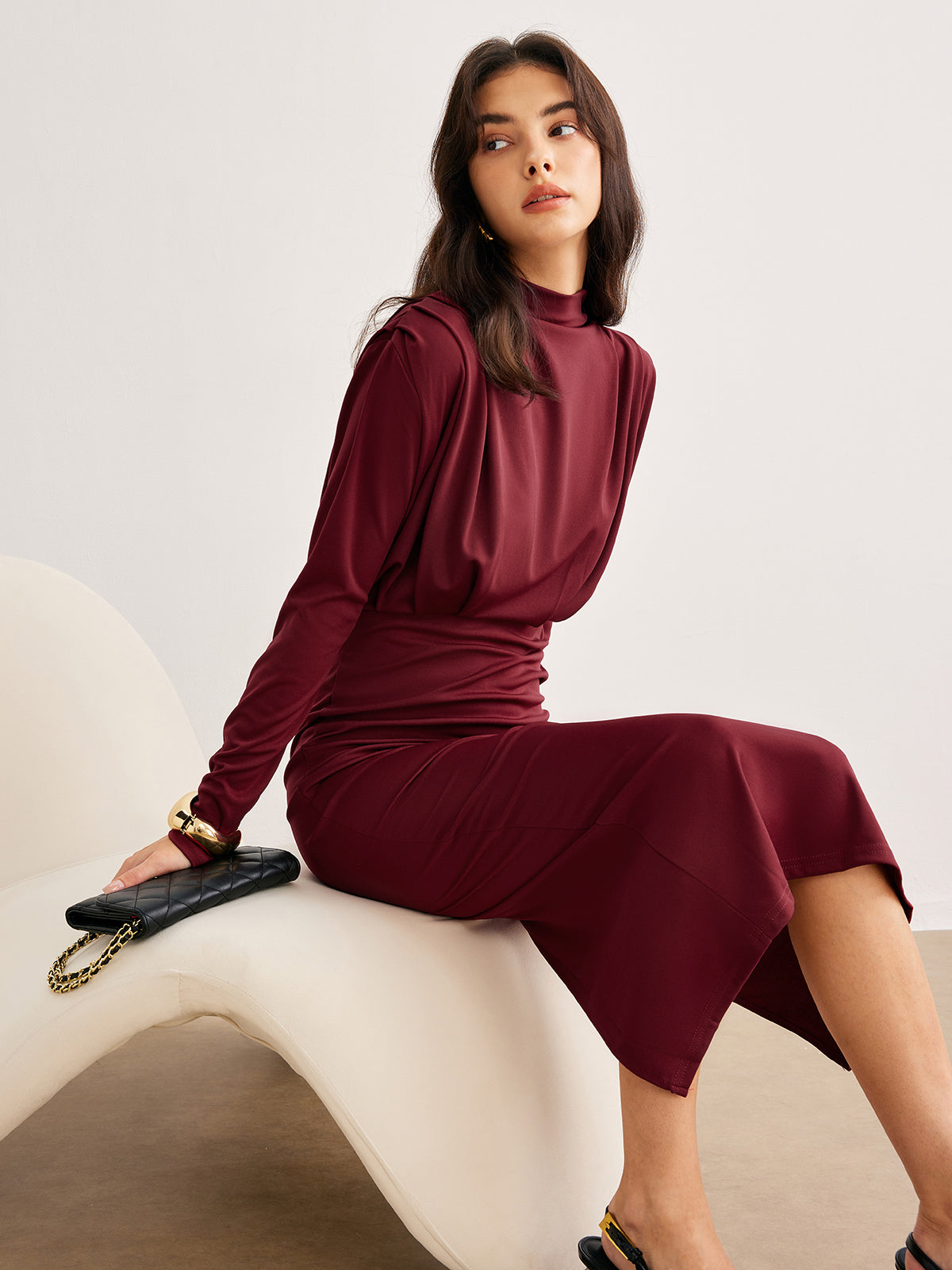 Mock Neck Pleated Jersey Dress