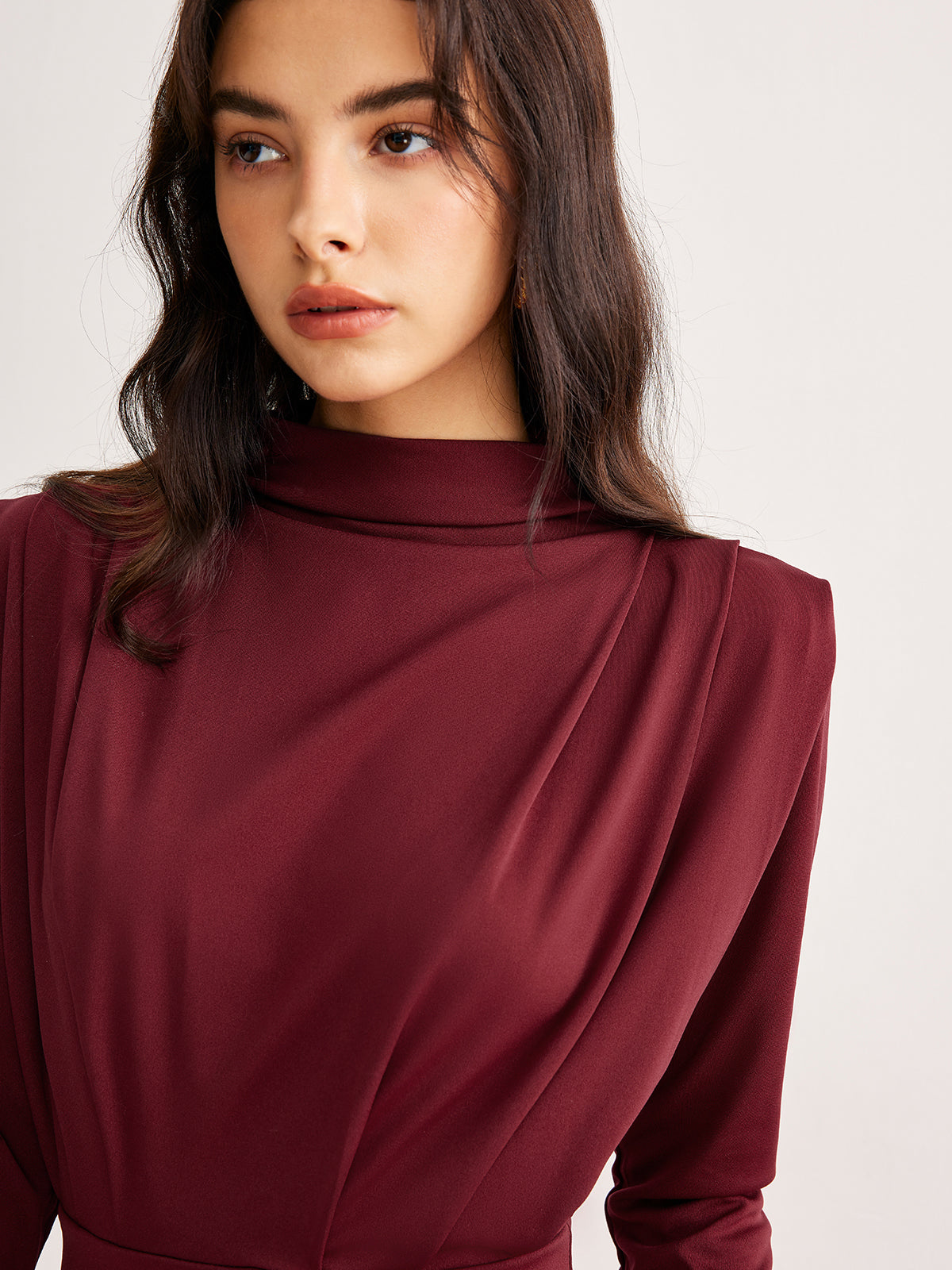 Mock Neck Pleated Jersey Dress