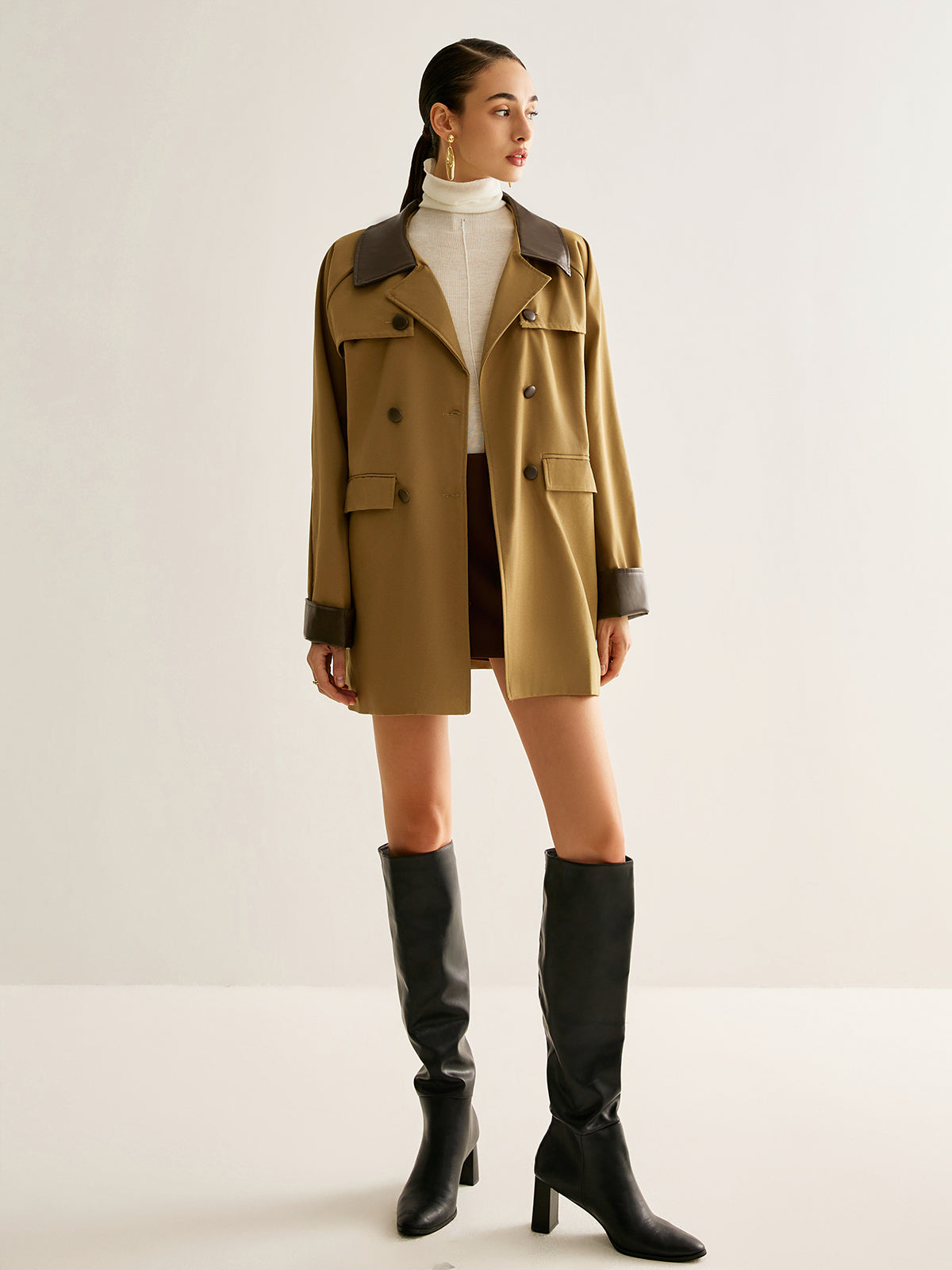 Contrast Binding Button Trench Coat