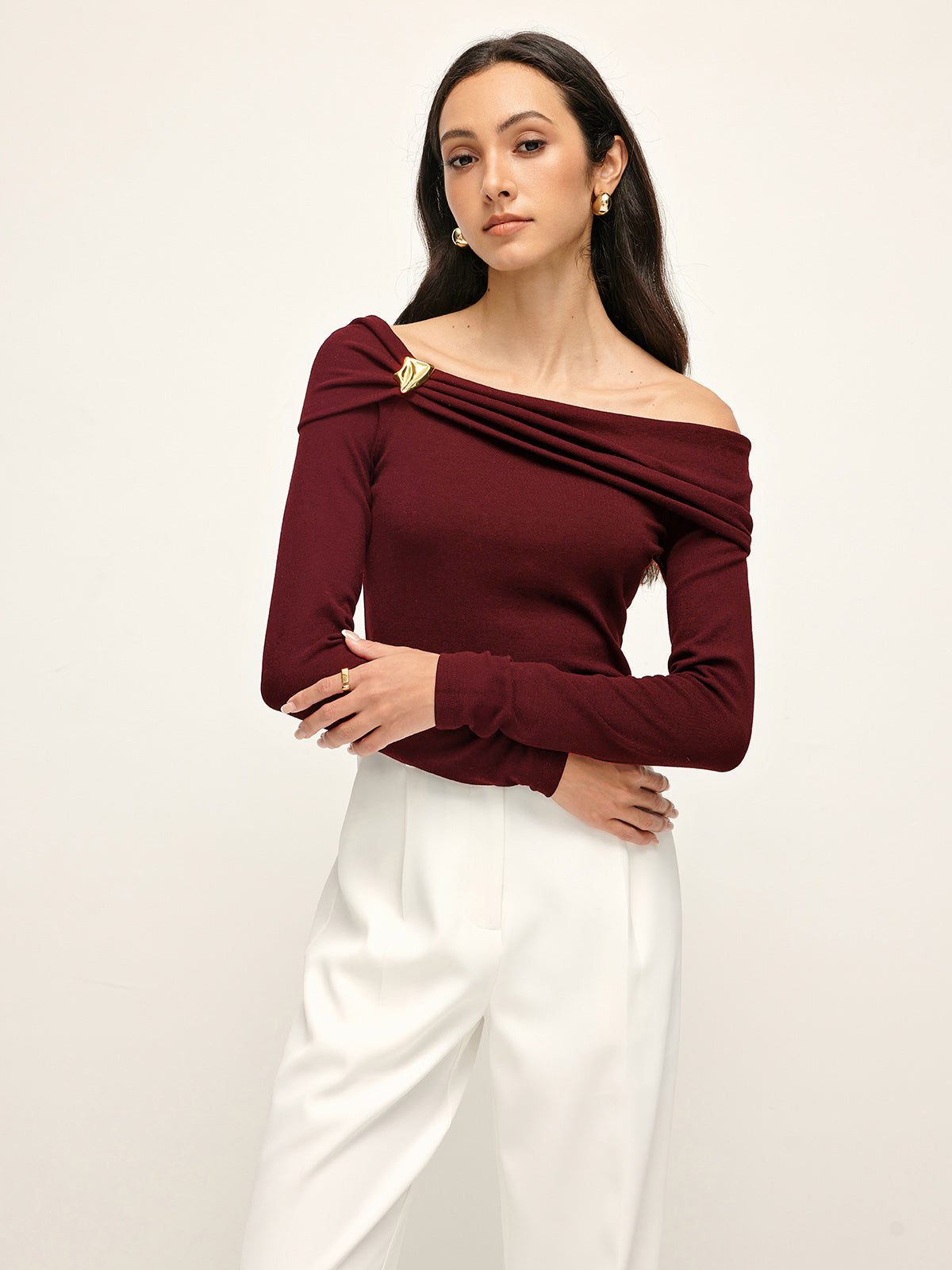 Pleated Off Shoulder T-Shirt