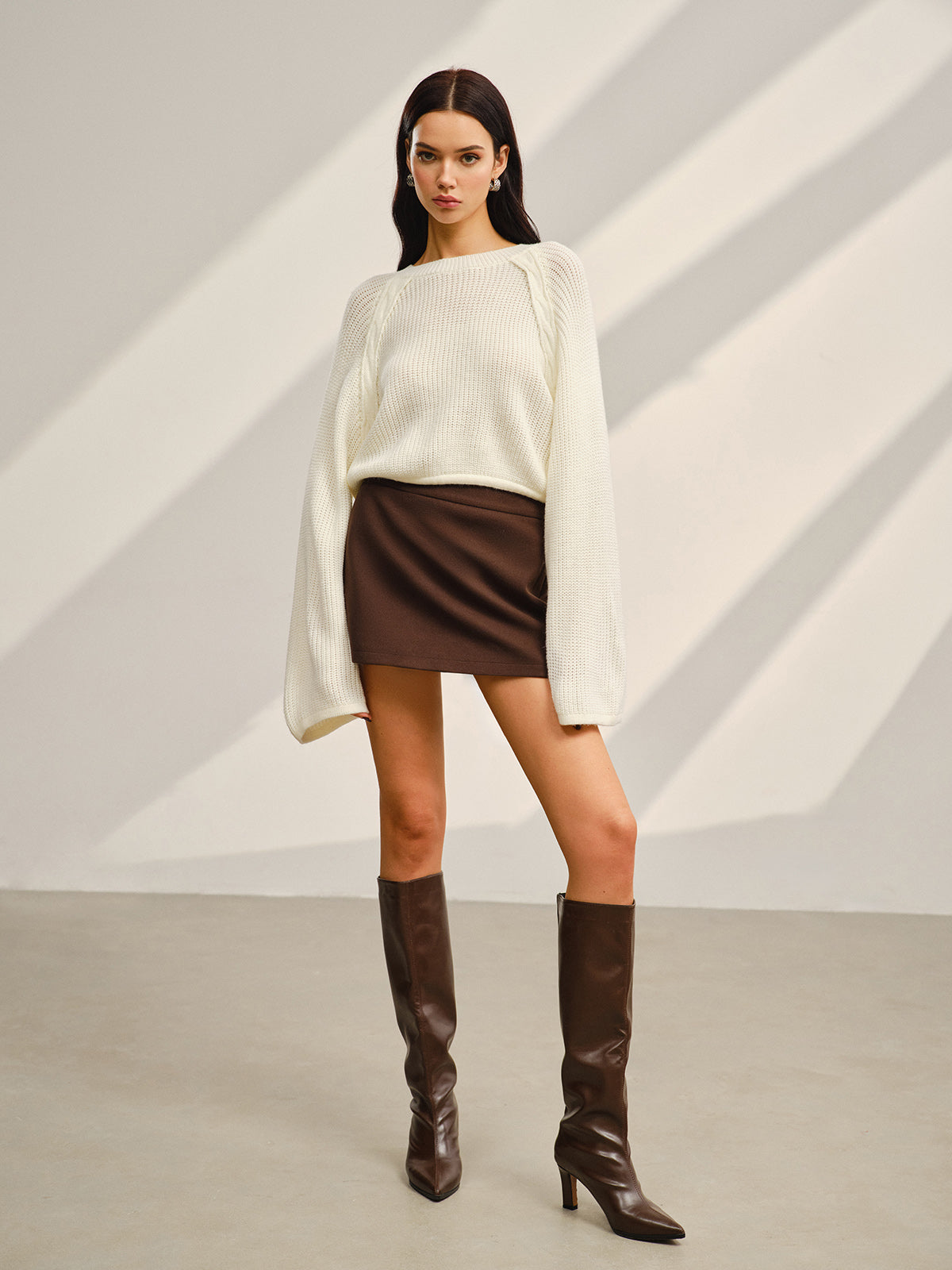 Satin-Bow Bell Sleeve Short Sweater