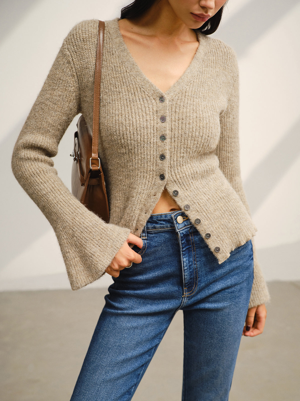 V-Neck Bell Sleeve Button Cardigan