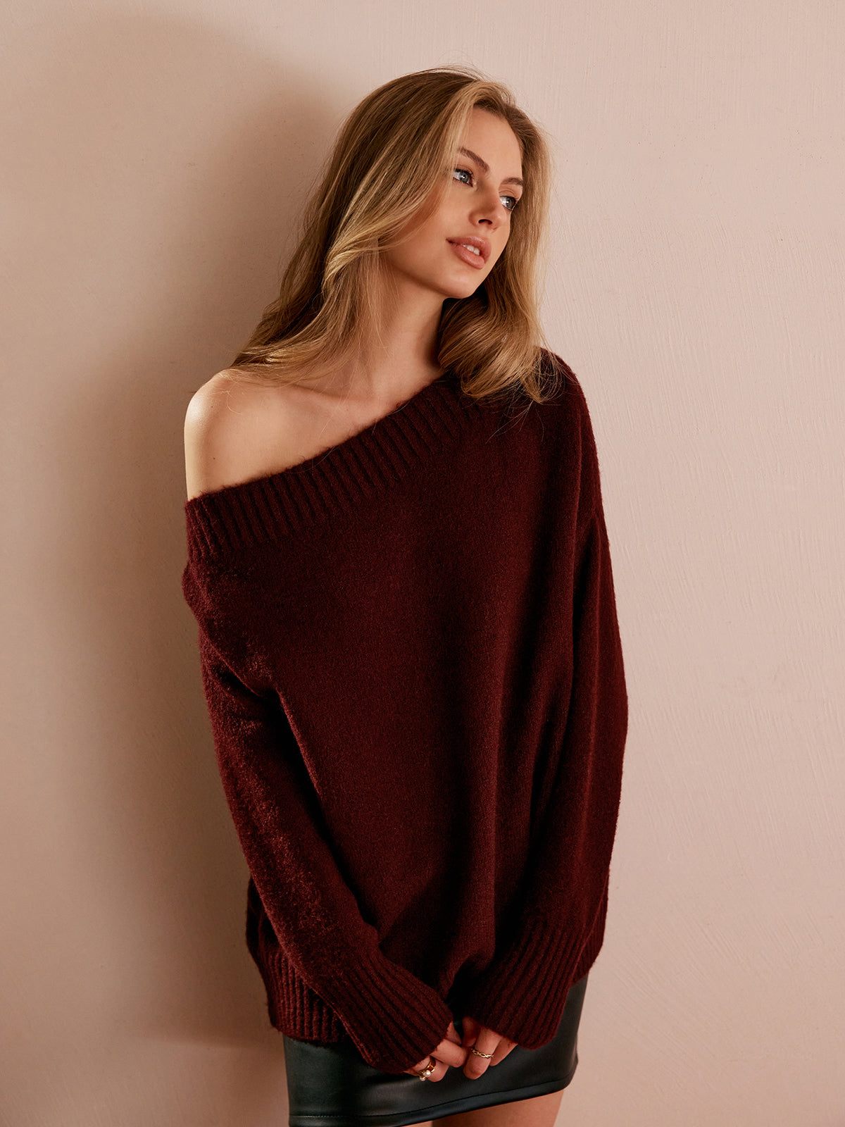 Off-Shoulder Plain Draped Sweater