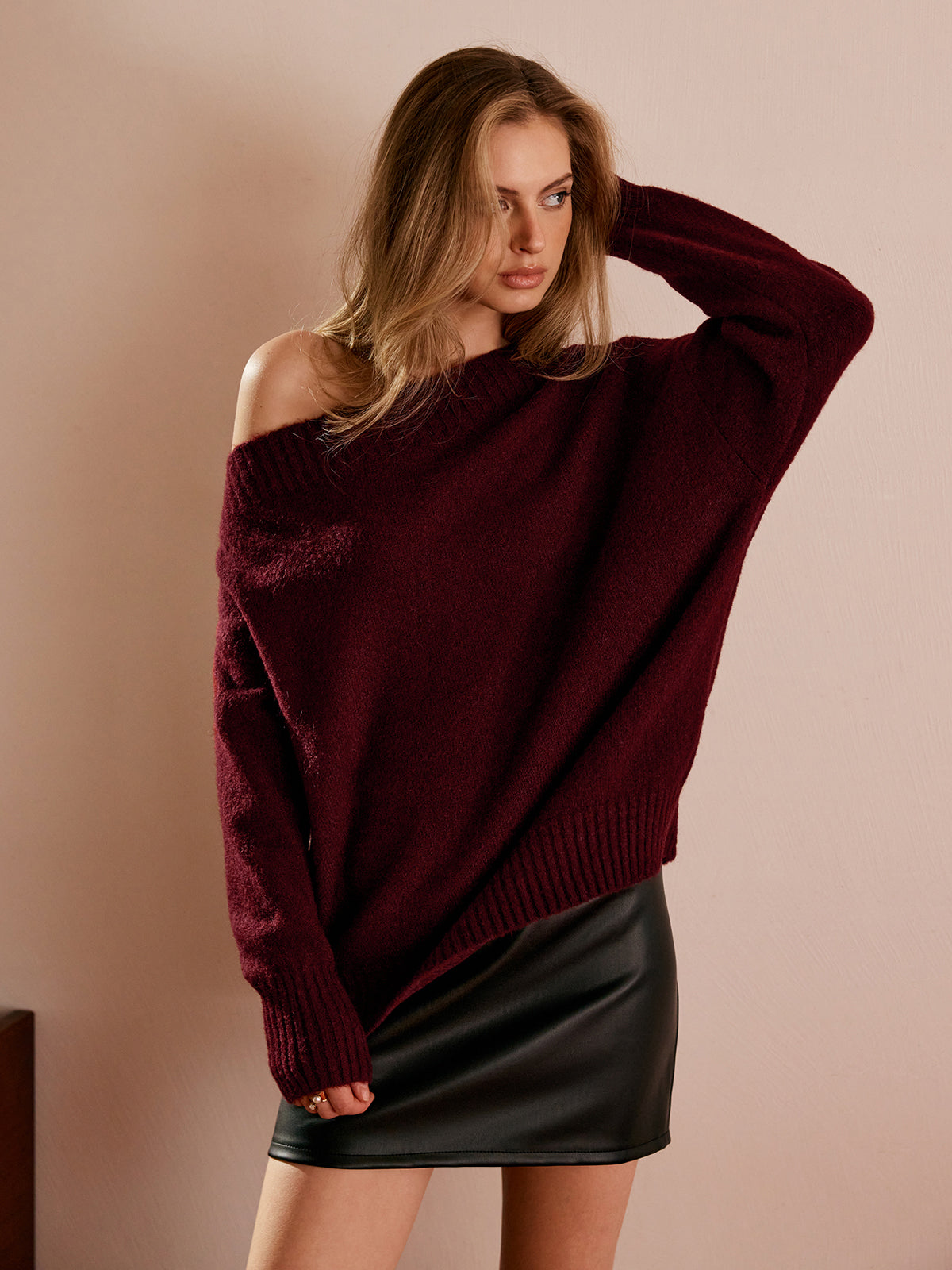 Off-Shoulder Plain Draped Sweater