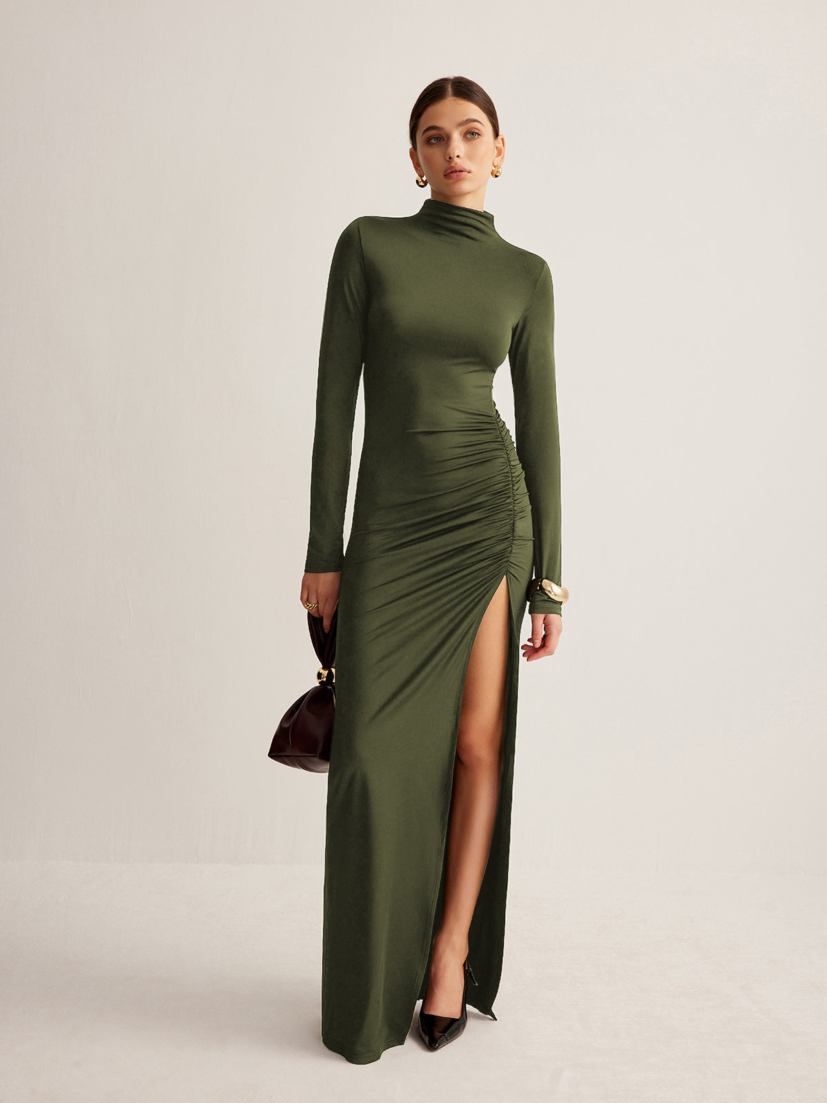 Stand-Collar Pleated Slit Jersey Dress