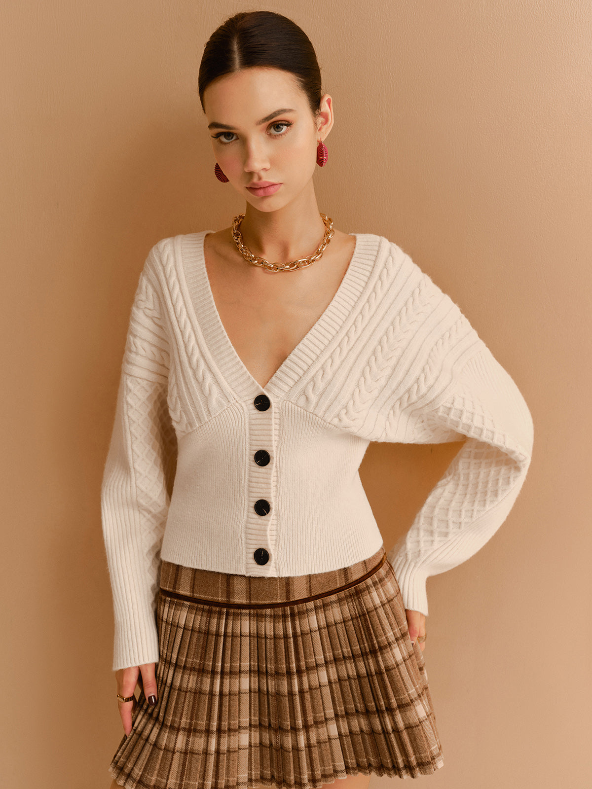 V-Neck Cinched Waist Twist Button Cardigan