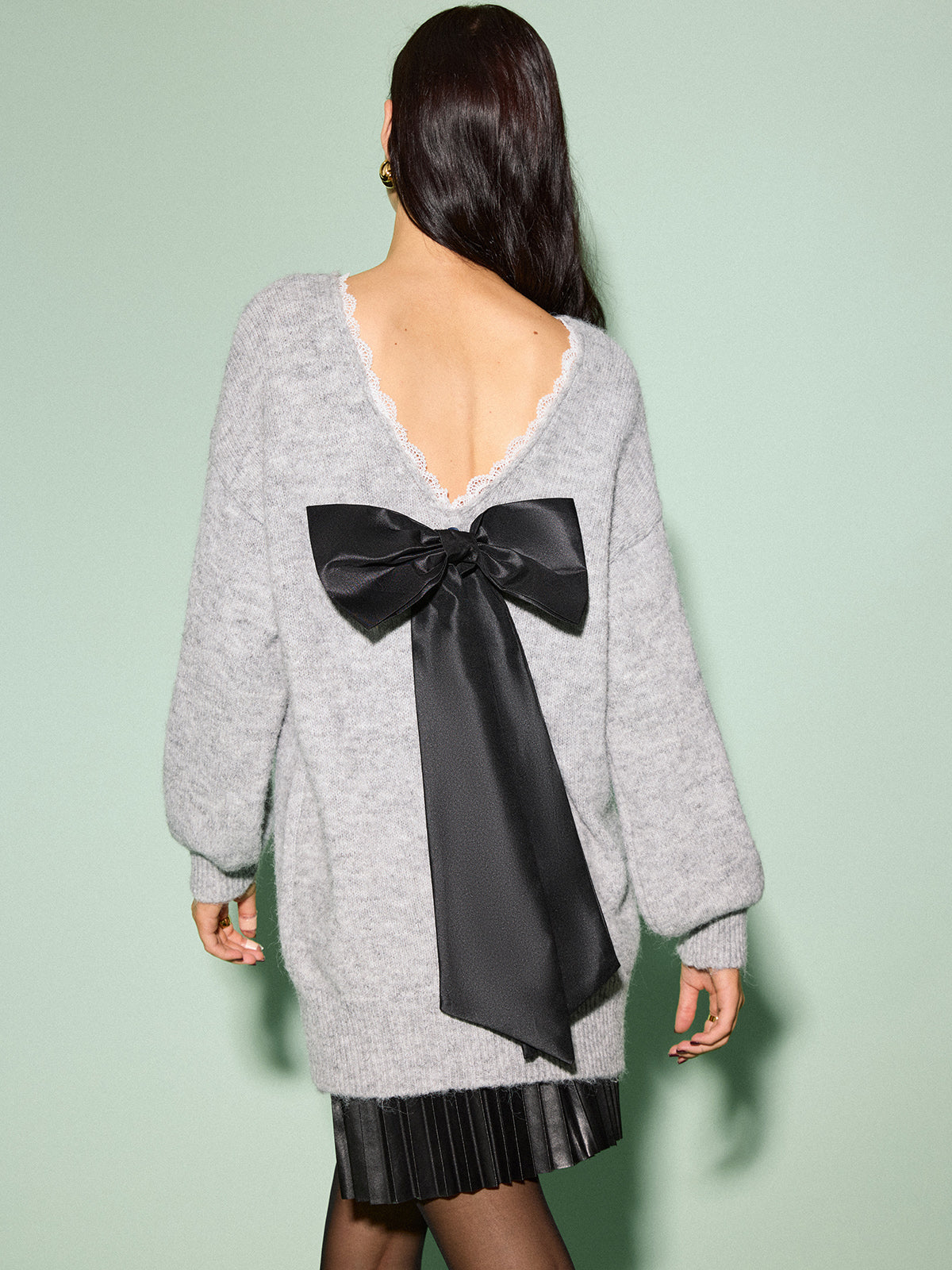 Lace Trim Bow-Decor Draped Sweater