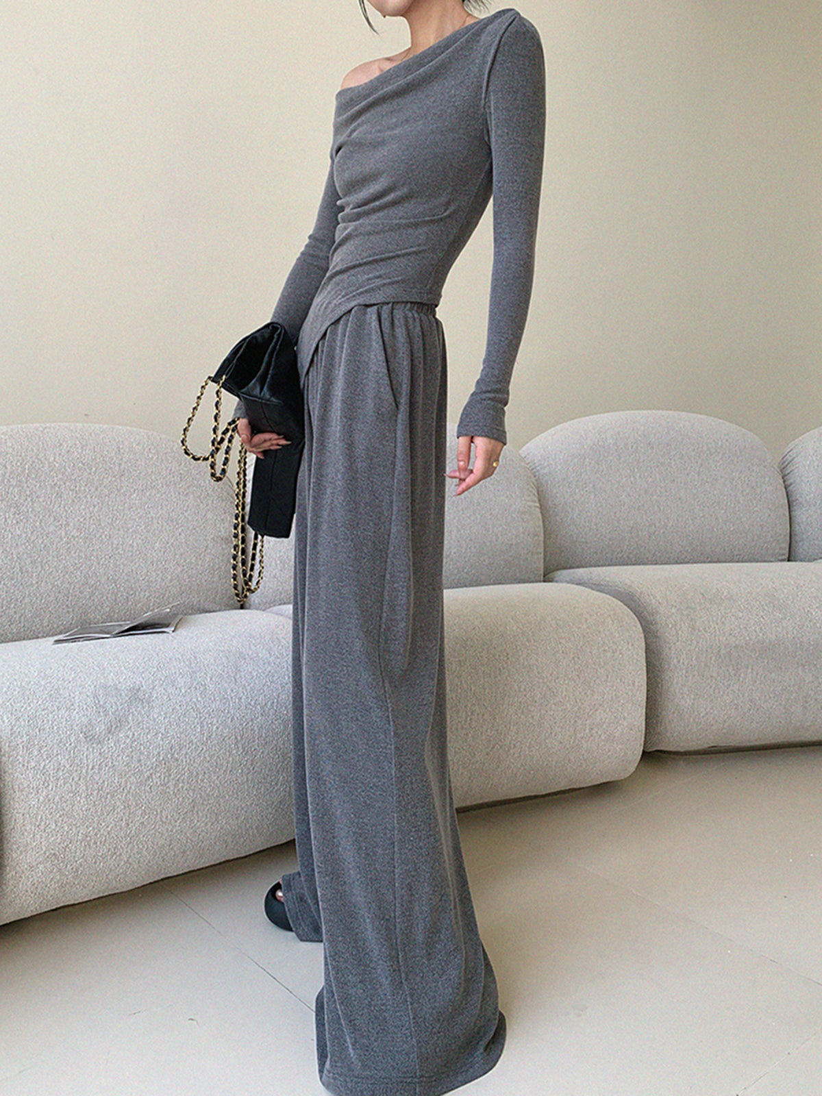 Plain Asymmetrical Draped Pants Set