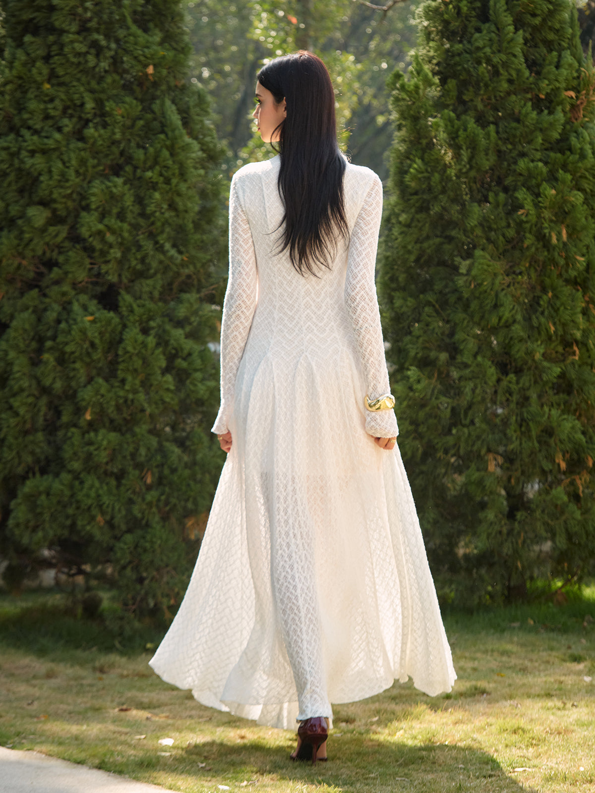 Mock Neck Lace Flowy Long Dress