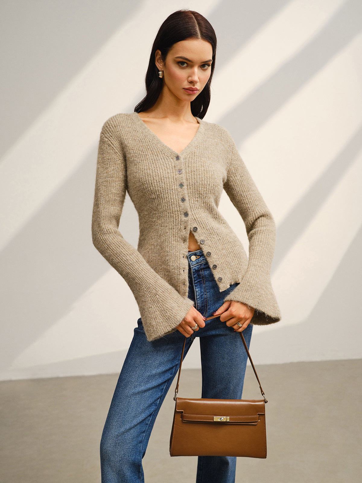 V-Neck Bell Sleeve Button Cardigan