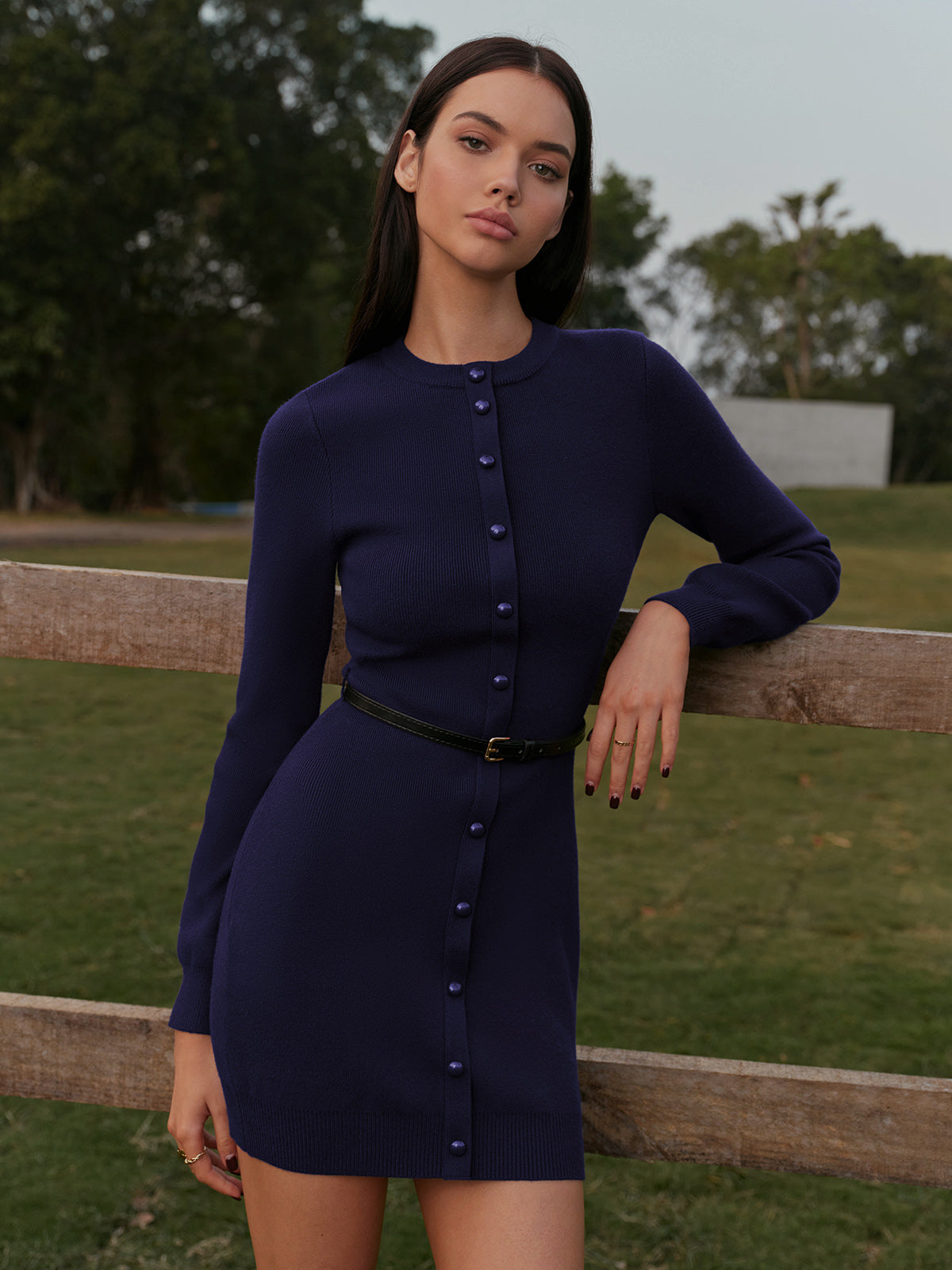 Button-Decor Sweater Hip-Covering Dress With Belt