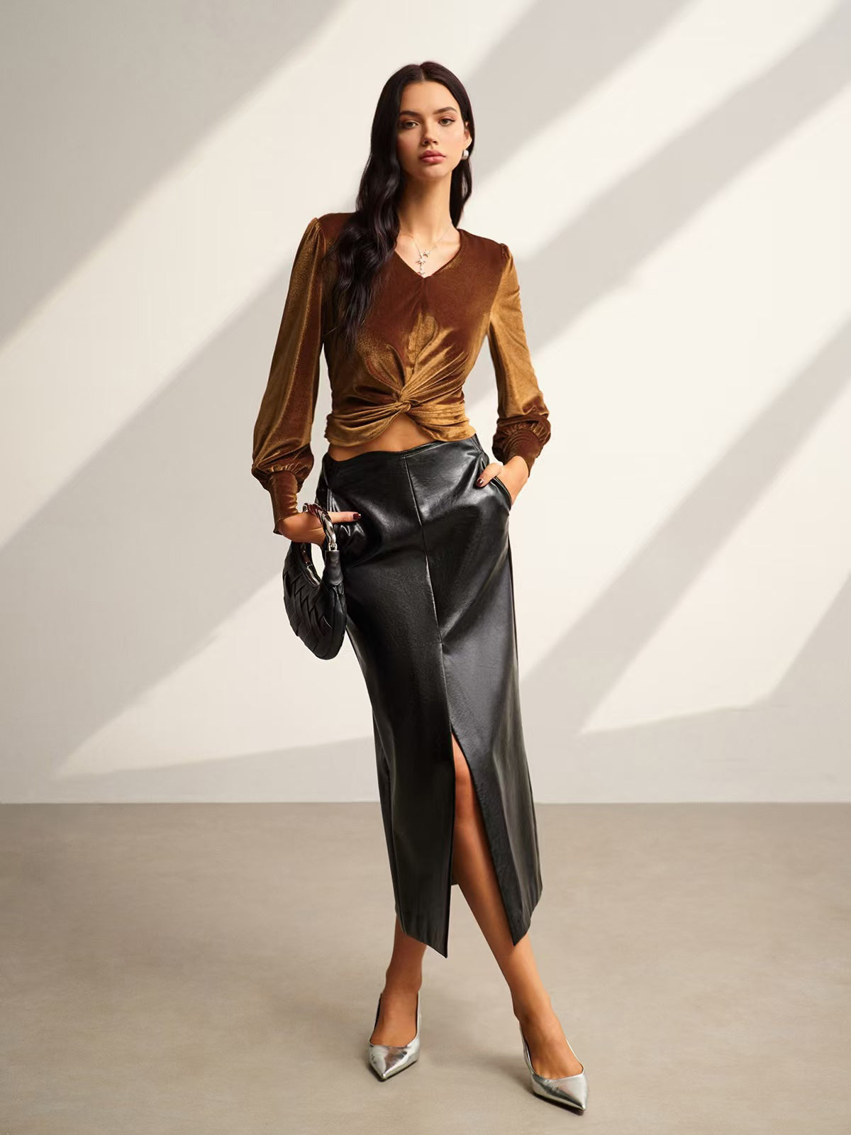 Velvet Pleated Slim Blouse