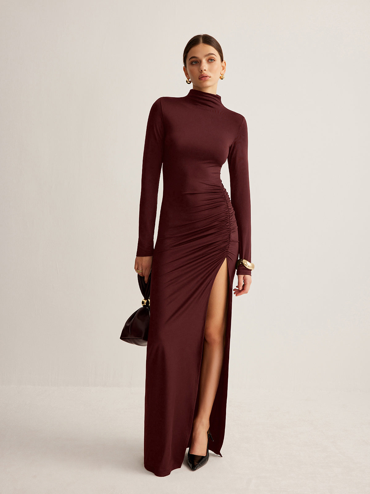 Stand-Collar Pleated Slit Jersey Dress