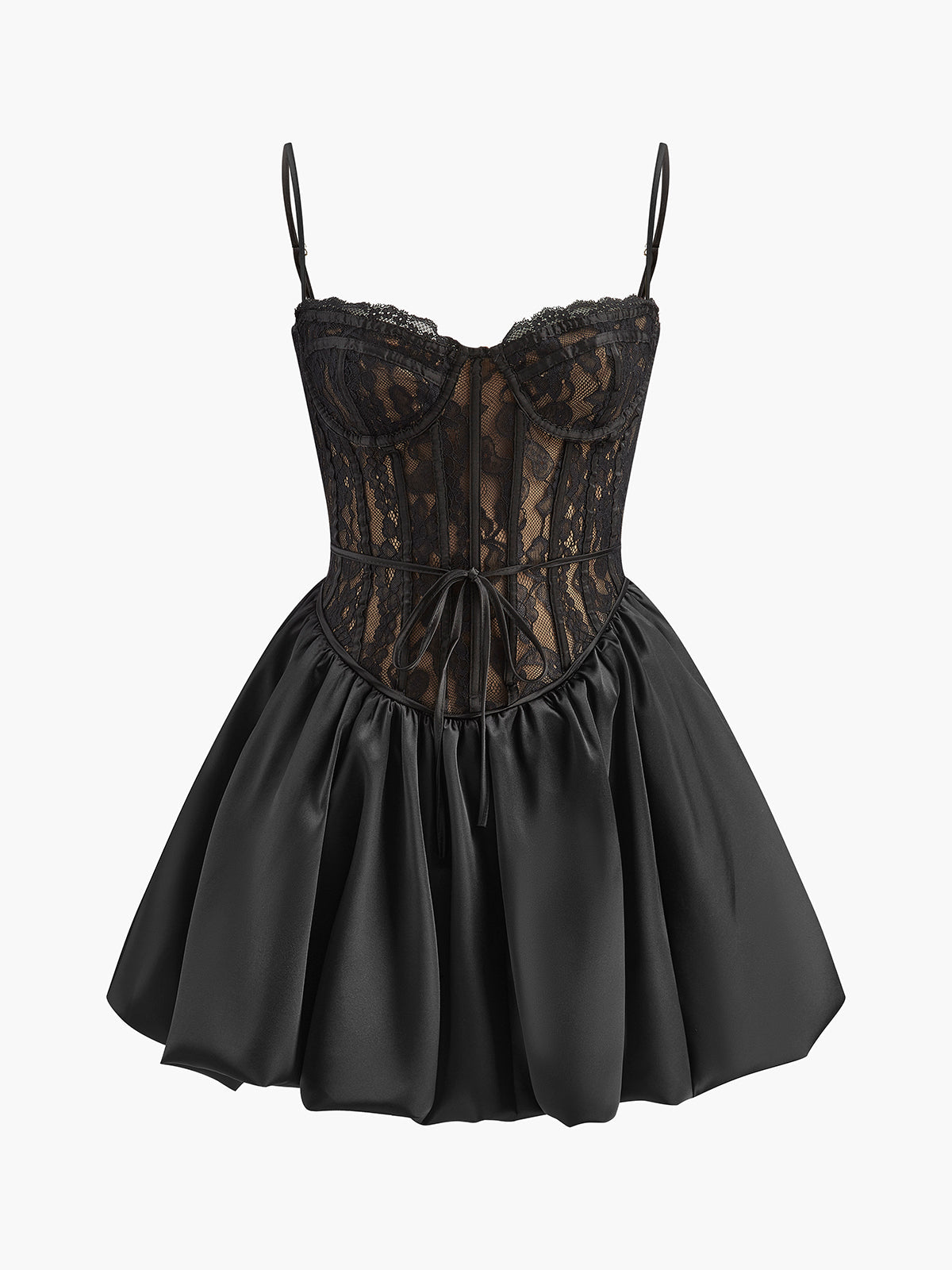 Pleated Satin-Hem Lace Cami Dress