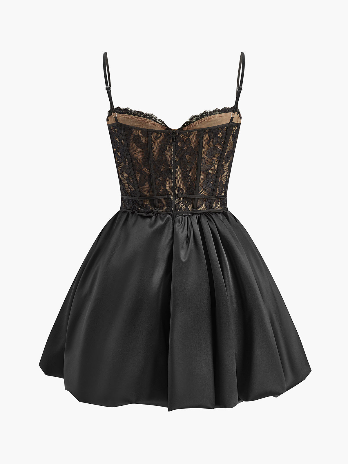 Pleated Satin-Hem Lace Cami Dress