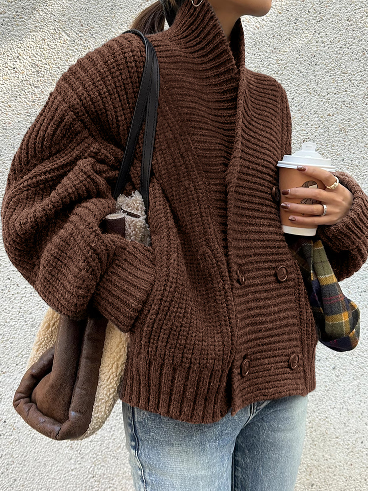 Ribbed Lapel Button Knit Outerwear