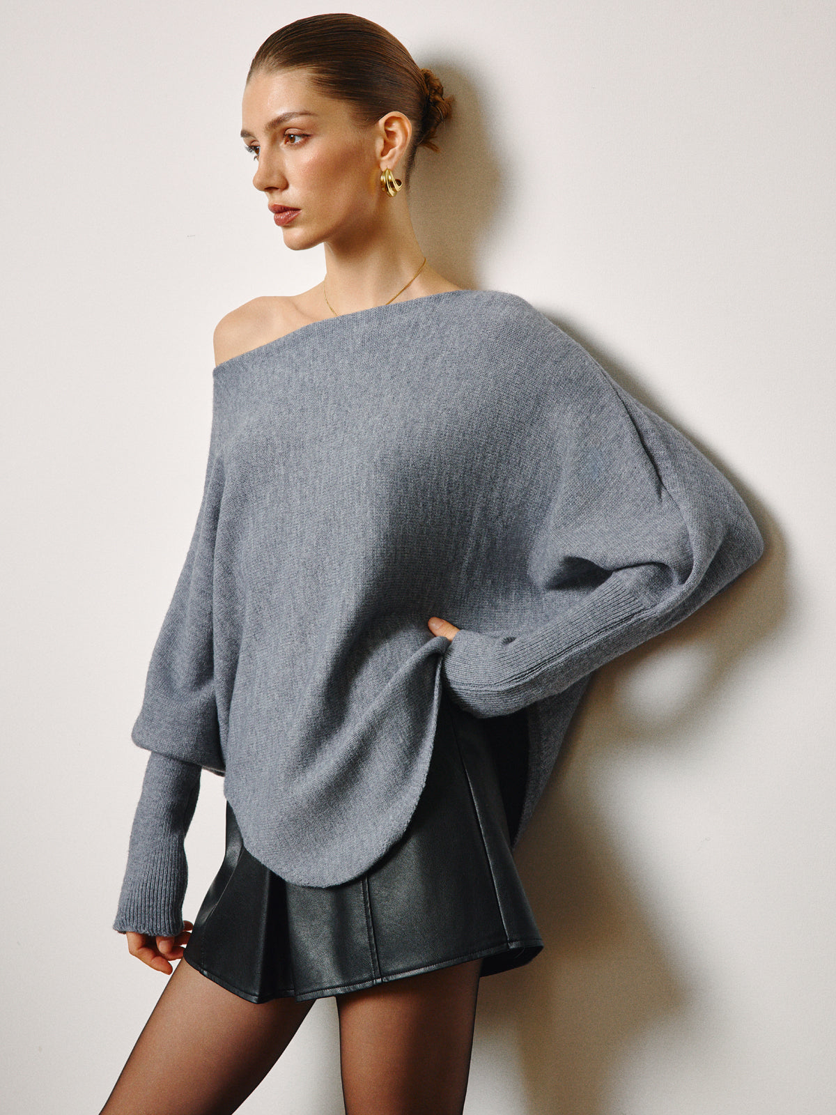 Oversized Asymmetrical Neck Leg-Of-Mutton Sleeve Sweater