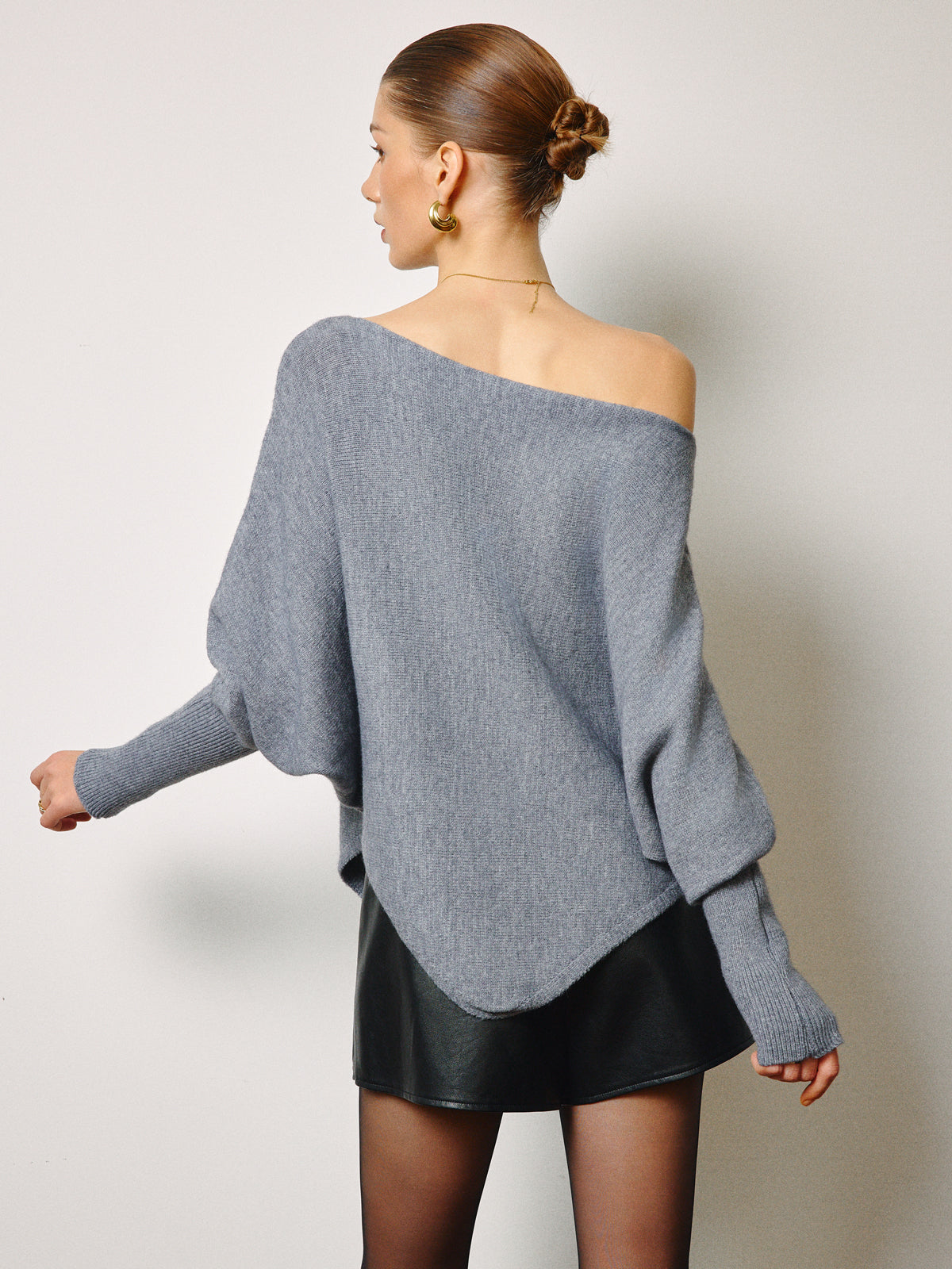 Oversized Asymmetrical Neck Leg-Of-Mutton Sleeve Sweater