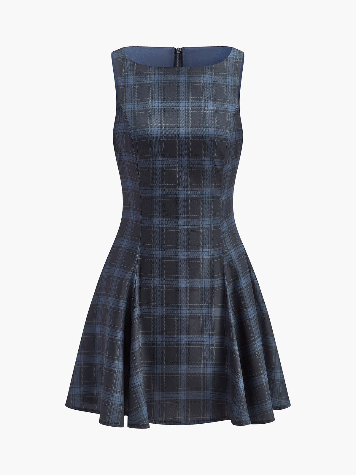 Checked Pleated Zipper Tank Dress