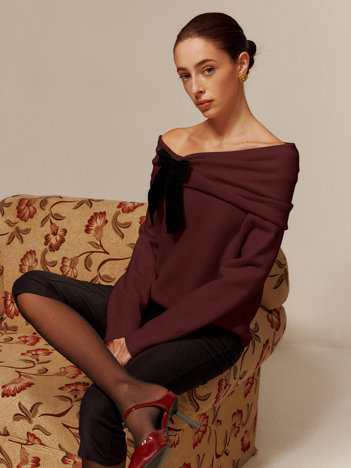 Velvet-Bow Off-Shoulder Ruched Sweater