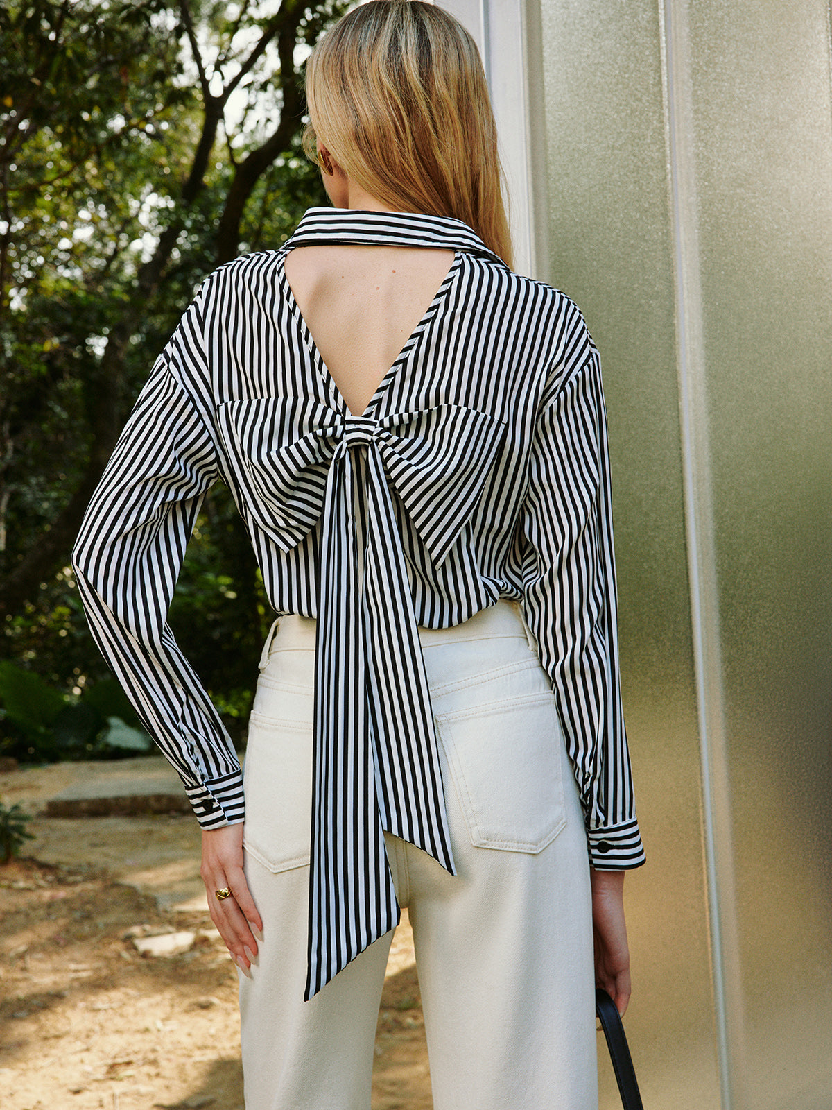 Stripe Backless Bow Shirt