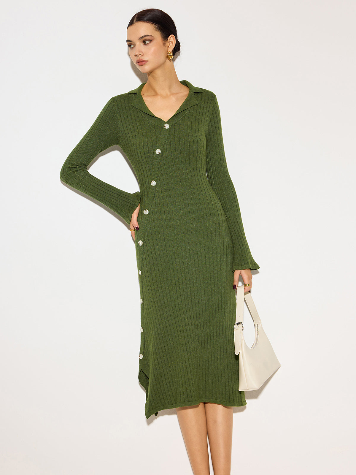 V-Neck Lapel Sweater Midi Dress