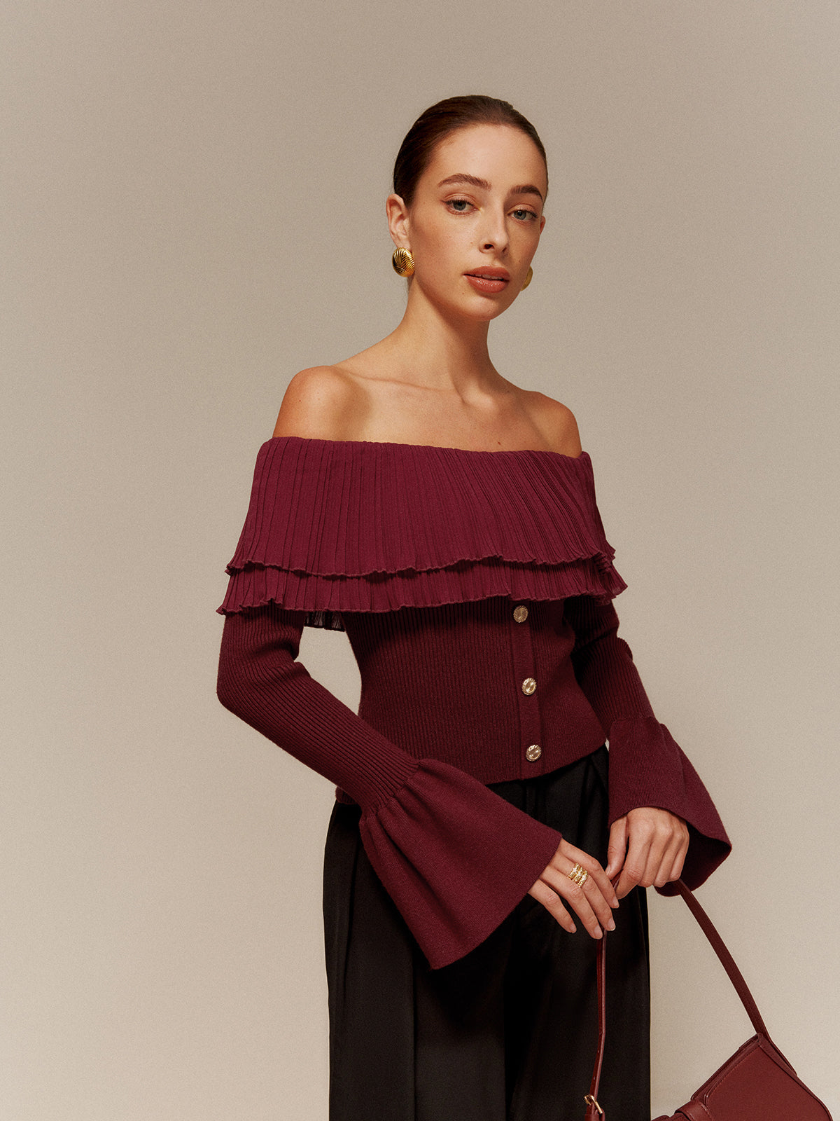 Off-Shoulder Pleated Ruffle Slim Sweater