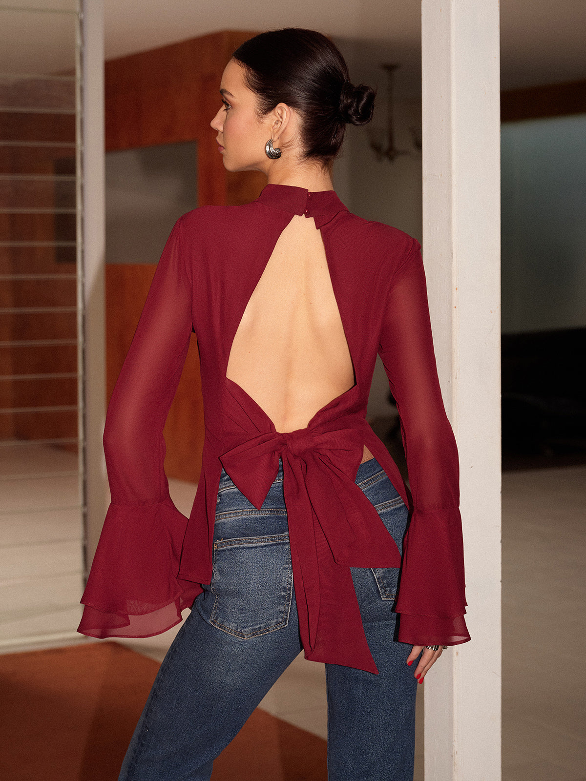 Stand Collar Backless Chiffon Bow Shirt