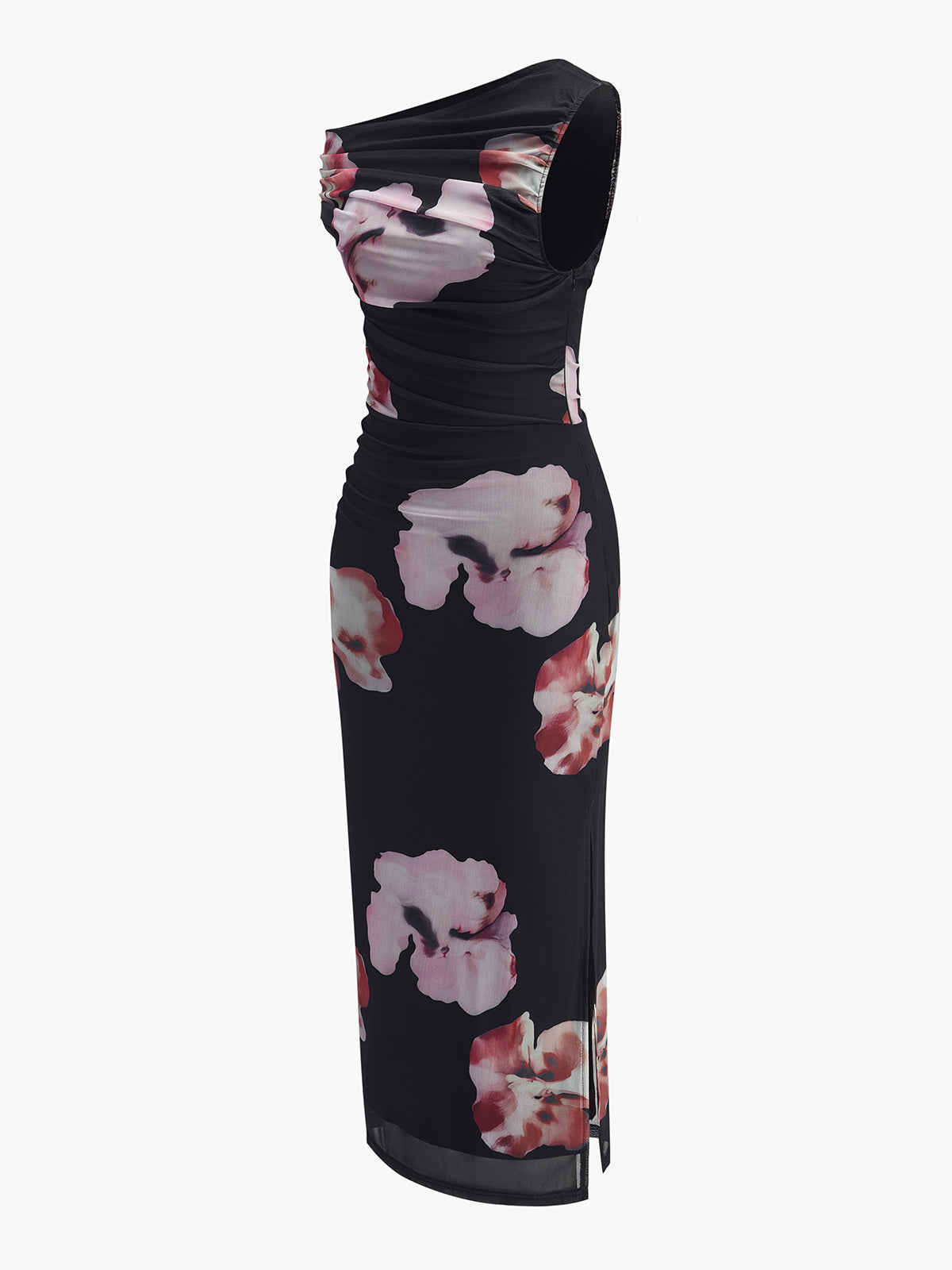 Asymmetrical Neck Floral Mesh Dress