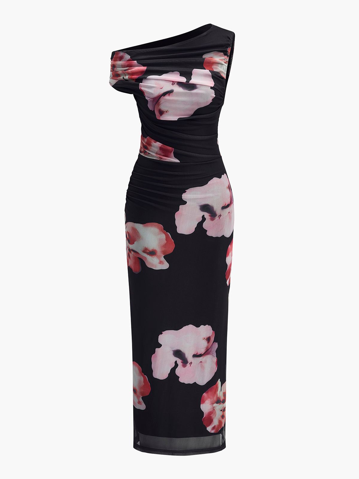 Asymmetrical Neck Floral Mesh Dress