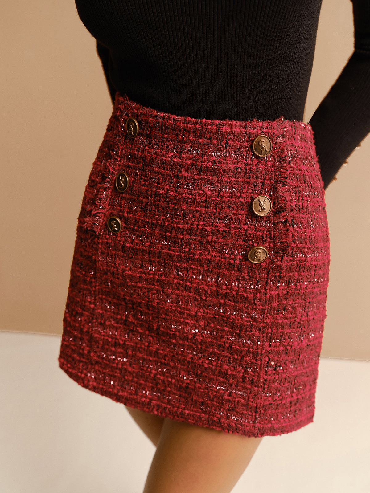 Mid-Waist Tweed Zipper Skirt