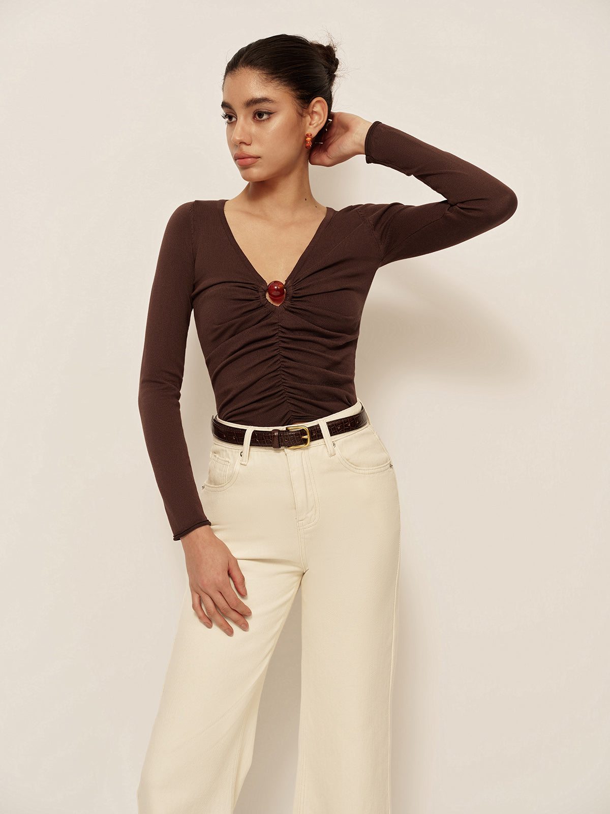 V-Neck Cutout Pleated Slim Knit Top