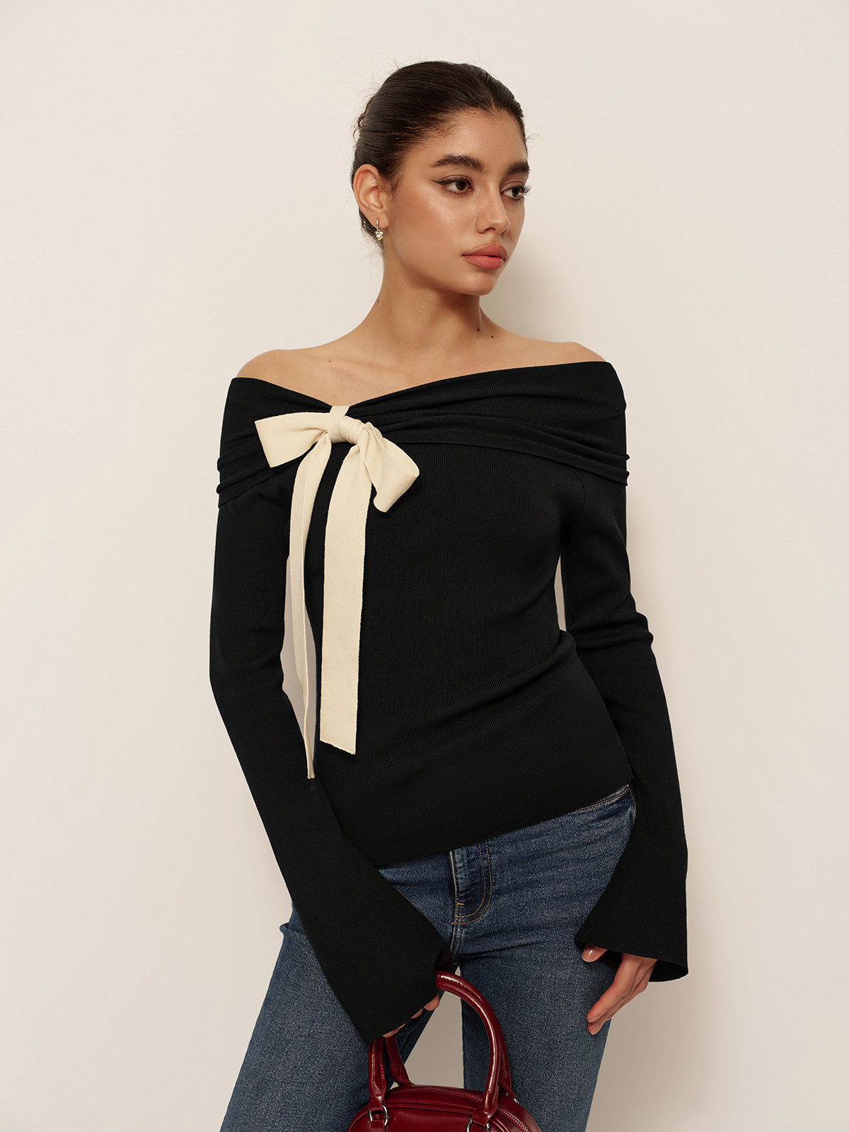 Wool-Blend Bow-Decor Bell Sleeve Knit Top