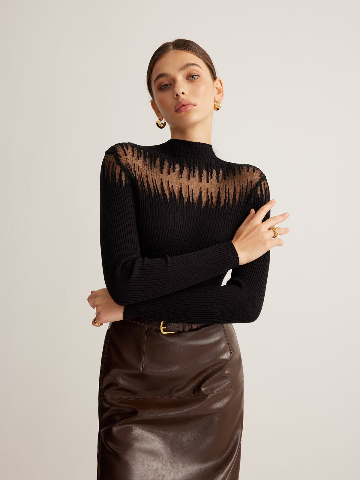 Mock Neck Sheer Panel Knit Top