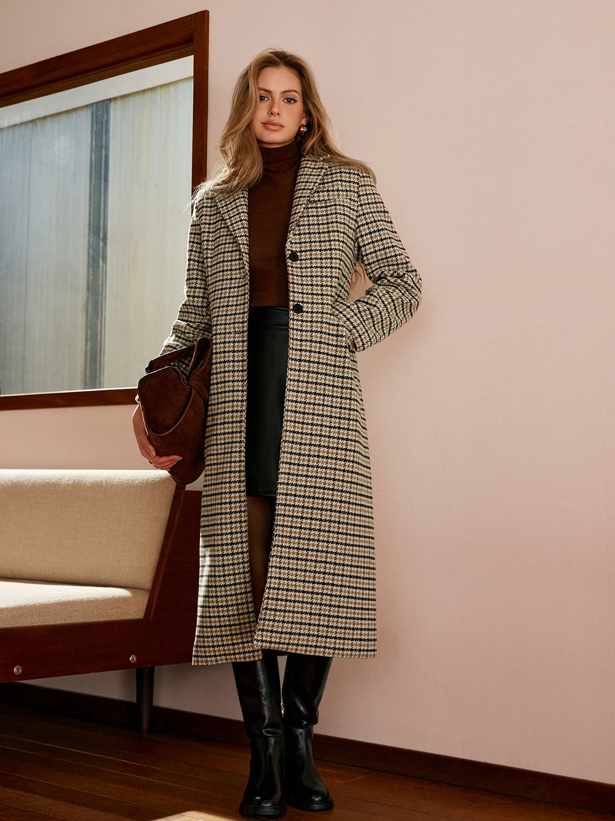 Checked Button Long Coat