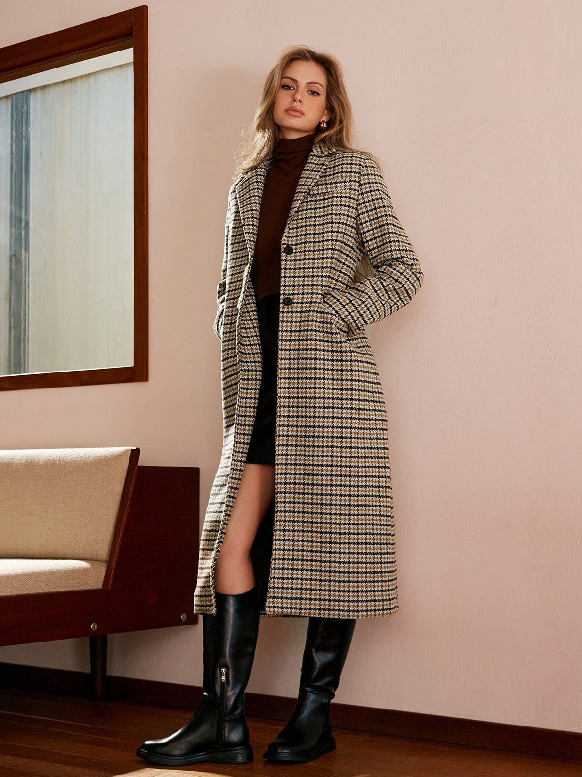 Checked Button Long Coat