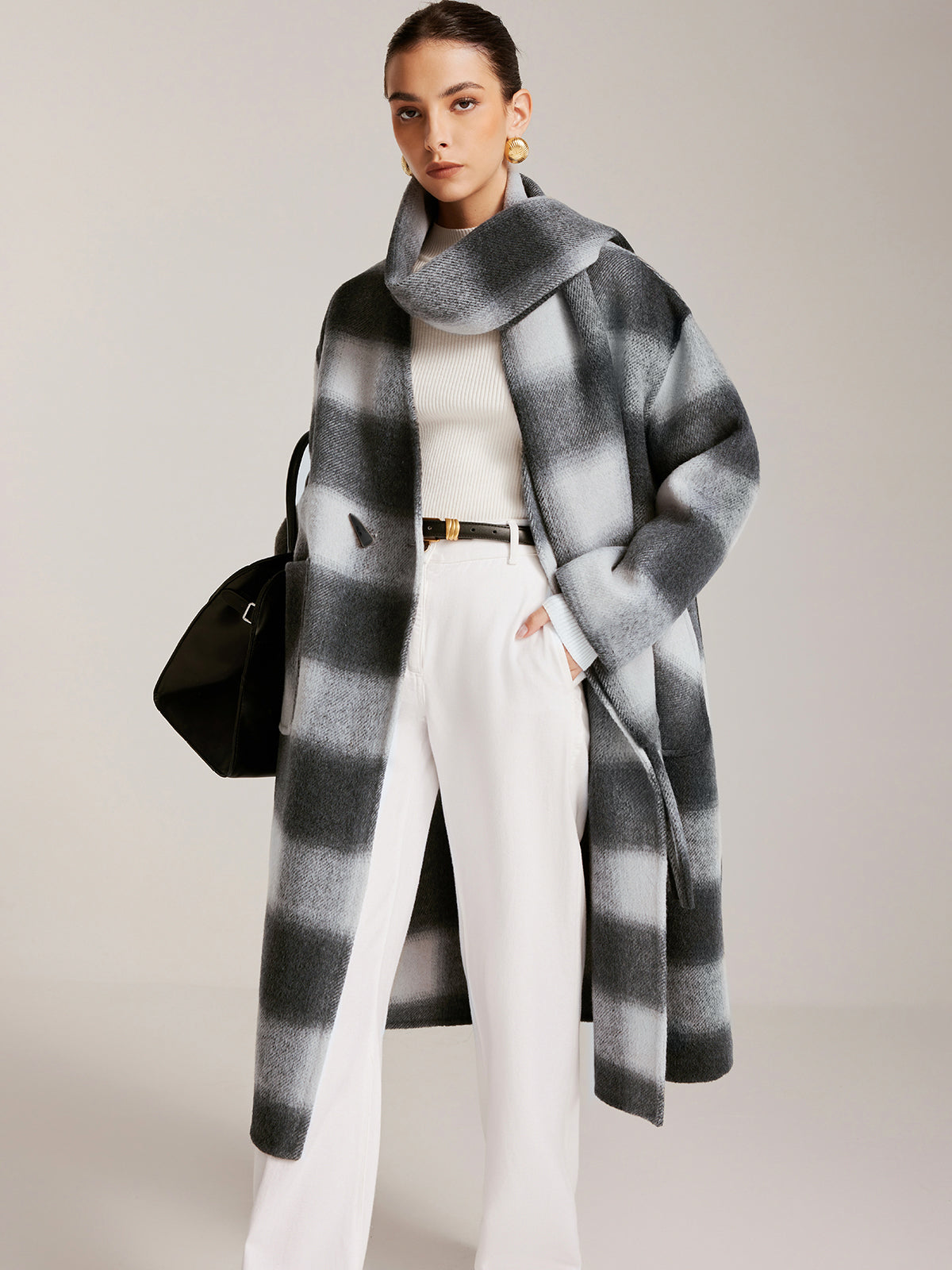 Wool-Blend Tweed Long Coat With Matching Tassel Scarf