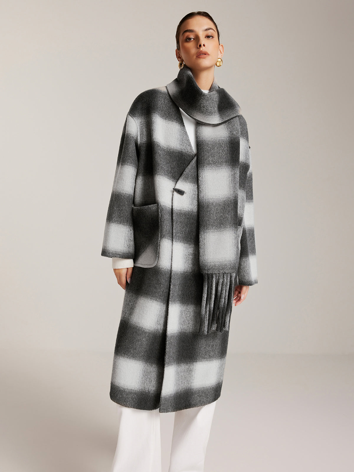 Wool-Blend Tweed Long Coat With Matching Tassel Scarf