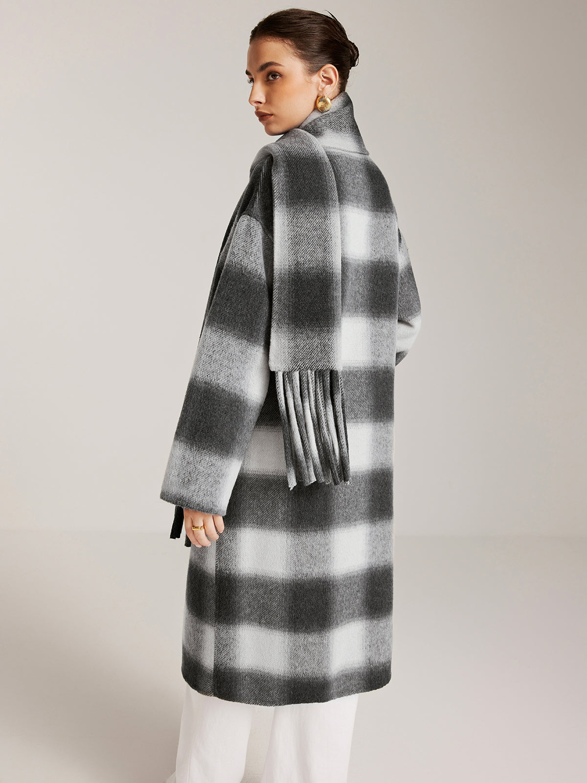 Wool-Blend Tweed Long Coat With Matching Tassel Scarf