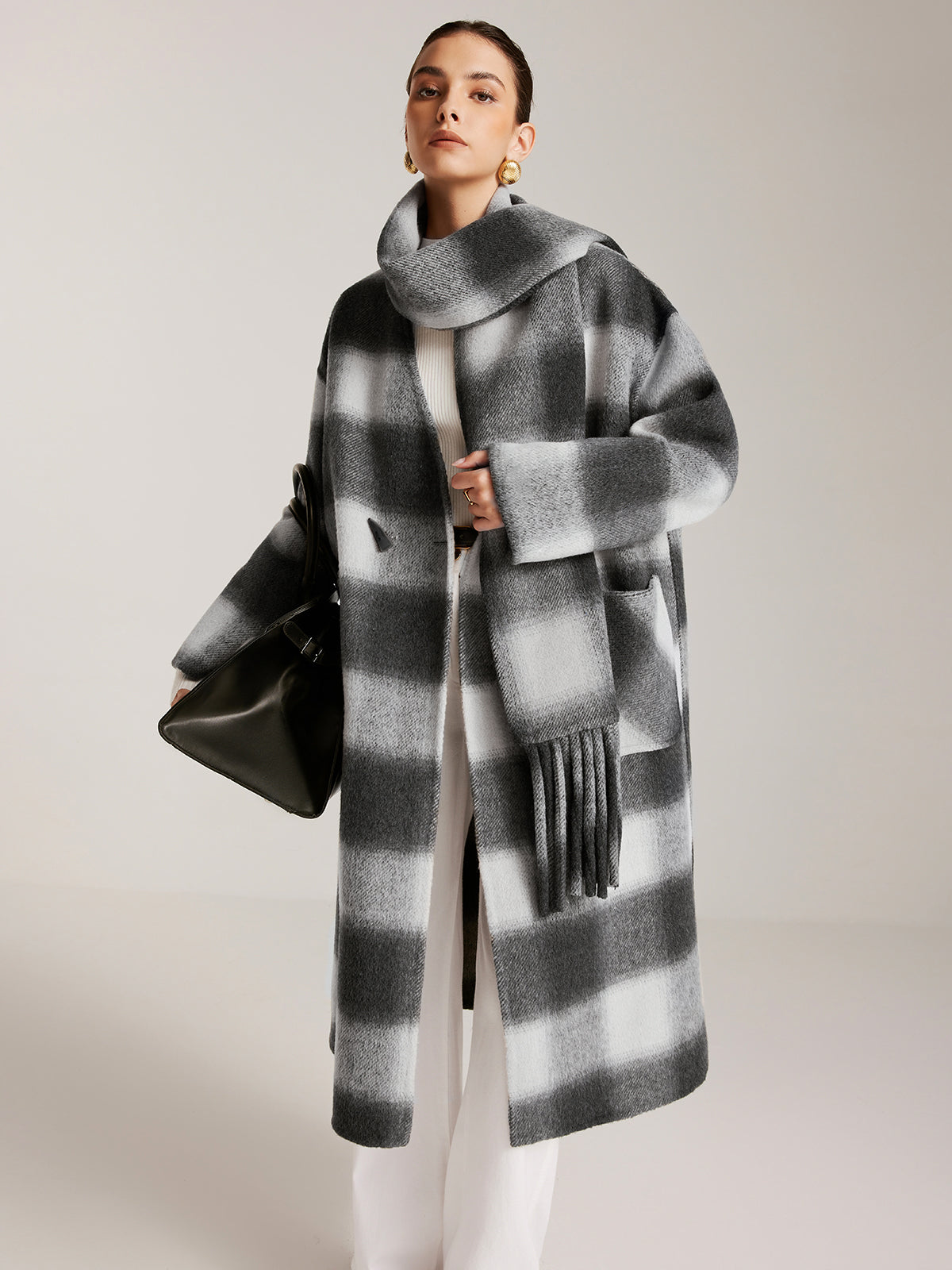 Wool-Blend Tweed Long Coat With Matching Tassel Scarf